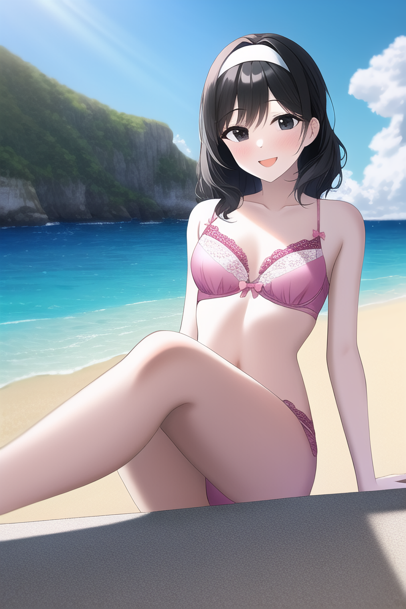 1girls ahim_de_famille ai_generated alluring beach bikini bra kaizoku_sentai_gokaiger ocean on_beach panties sea super_sentai underwear zengai