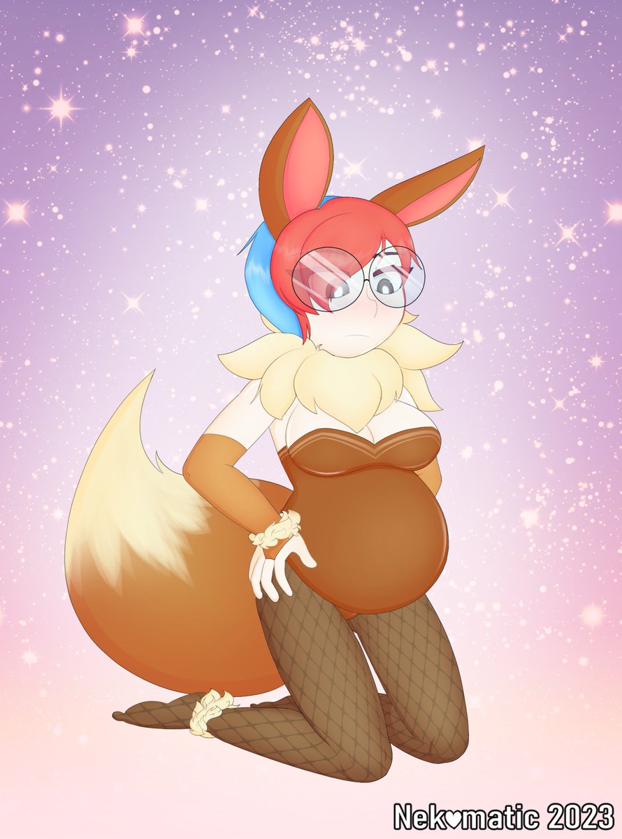 animal_ears big_belly blue_hair blush bunnysuit eevee eevee_(cosplay) glasses medium_breasts neck_fur nekomatic pantyhose penny_(pokemon) pokemon pokemon_(cosplay) pokemon_sv pregnant pregnant_female ready_to_pop red_hair short_hair tail two_tone_hair