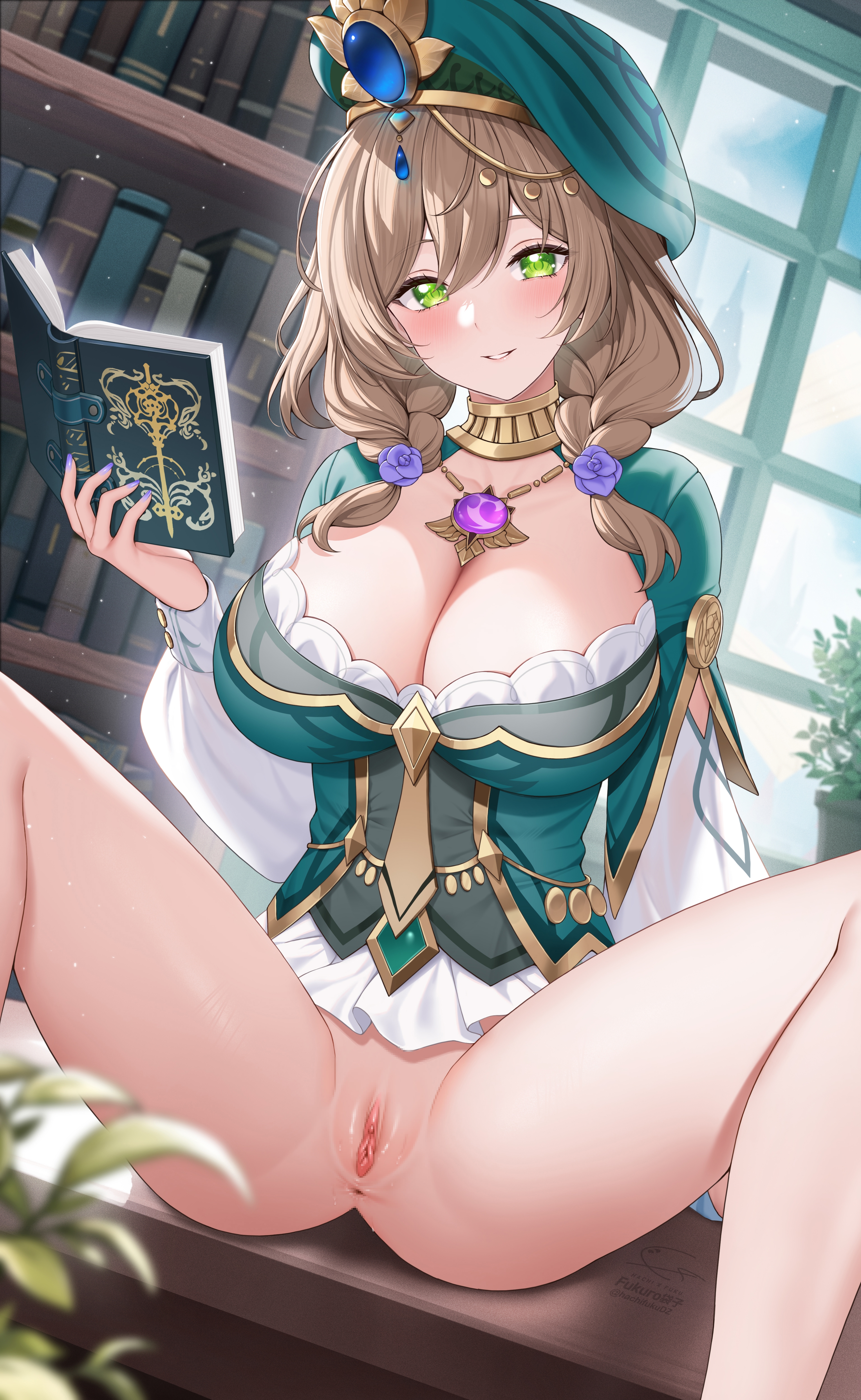 1girls, areolae, ass, blonde hair, blush, bottomless, breasts, brown hair, cleavage, cum, detailed background, dress, female, female focus, female only, fukuro ko (greentea), genshin impact, green eyes, hair between eyes, hat, high resolution, highres, holding object, huge breasts, indoors, jewelry, legs, light skin, light-skinned female, lisa (a sobriquet under shade) (genshin impact), lisa (genshin impact), multicolored hair, nail polish, necklace, nipples, purple nails, pussy, reading, short hair, sitting, solo, solo female, solo focus, surprised, thick thighs, thighs, topless, twintails