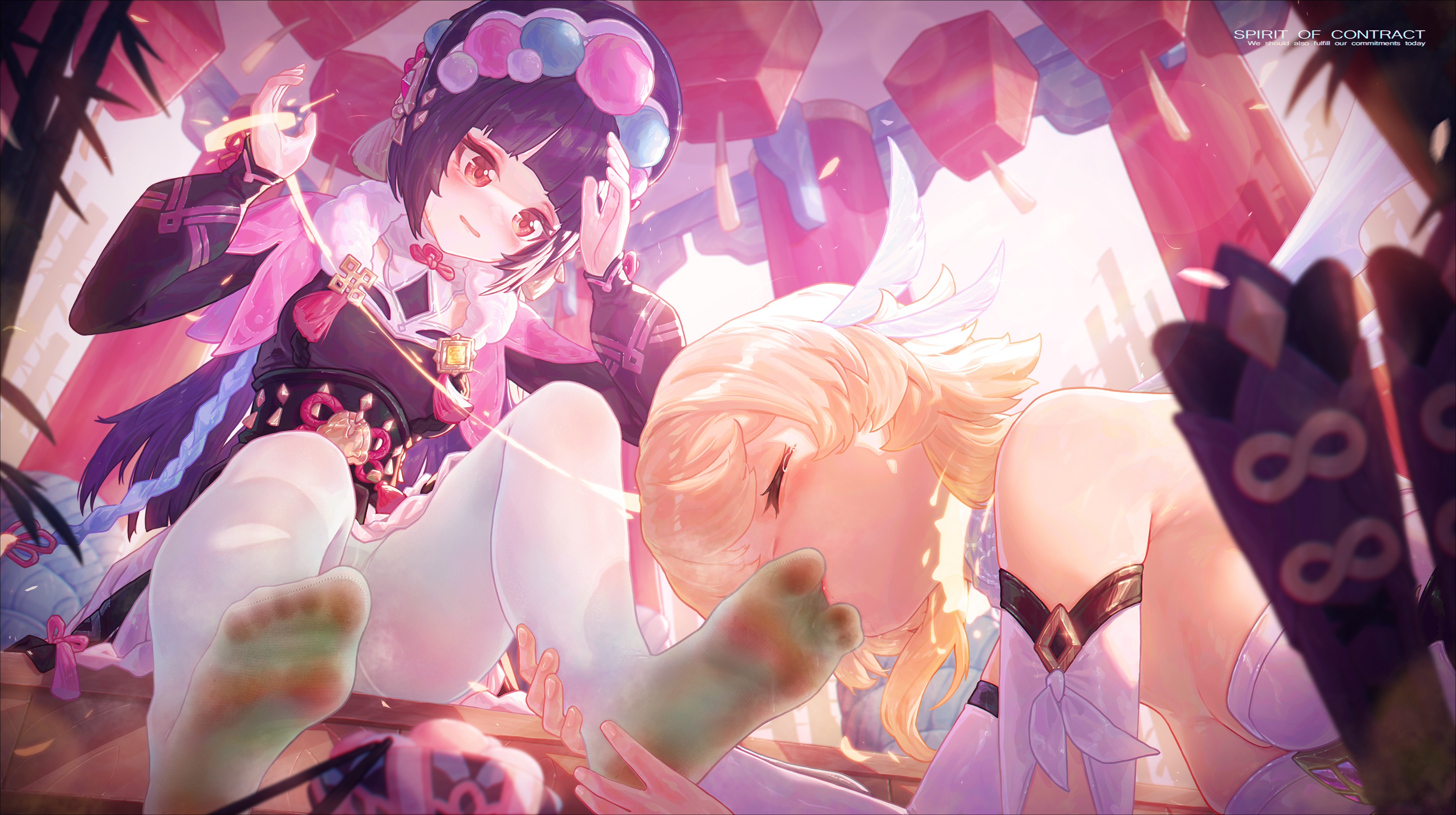 2d, 2d (artwork), 2girls, alternate version available, aroused, aroused smile, bangs, blonde hair, clothed, clothing, digital media (artwork), dominant female, domination, feet, feet licking, female, foot fetish, foot focus, foot worship, fully clothed, genshin impact, highres, icecake, large filesize, leash, legwear, light skin, light-skinned female, lumine (genshin impact), pantyhose, smile, smiling, submissive, submissive female, sweaty feet, toes, white legwear, yun jin (genshin impact)