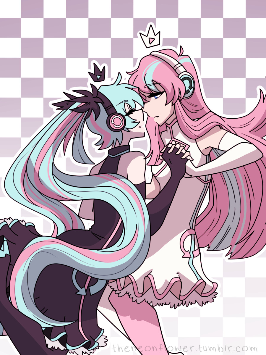 2girls black_dress blue_eyes blue_hair breasts closed_eyes dress elbow_gloves fingerless_gloves gloves hatsune_miku headphones holding_hands imminent_kiss long_hair medium_breasts megurine_luka neon_(theneonflower) neonafterdark1 pink_hair sleeveless sleeveless_dress thighhighs twintails vocaloid white_dress yuri