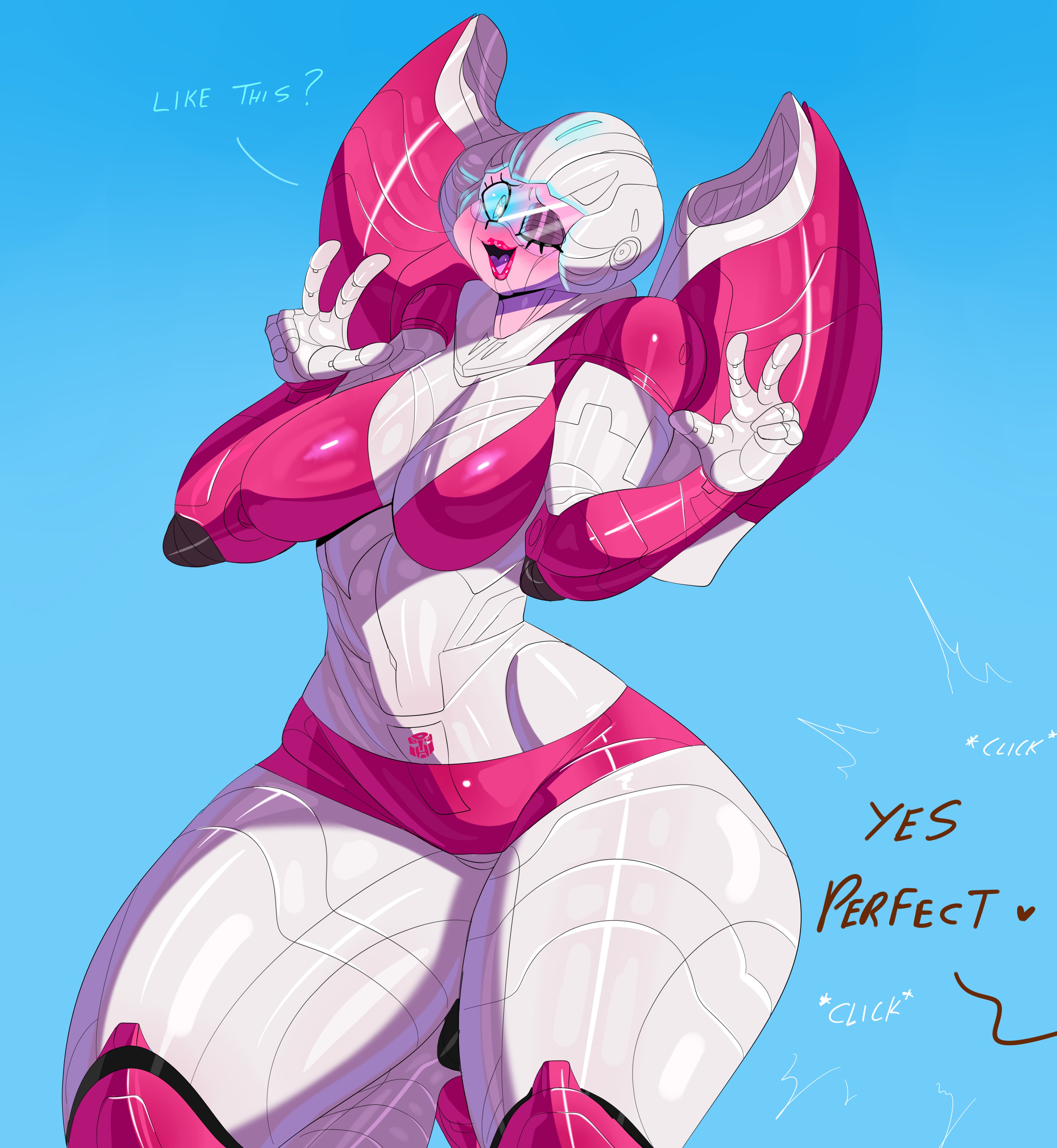 1girls, arcee, arcee (g1), ass, big ass, big breasts, big butt, blue eyes, breasts, dialogue, english text, female, female only, glowing eyes, huge ass, huge breasts, lipstick, one eye closed, peace sign, pink lipstick, robot, robot girl, solo, solo female, tayronnebr, tayuri, text, thick thighs, transformers, voluptuous, voluptuous female