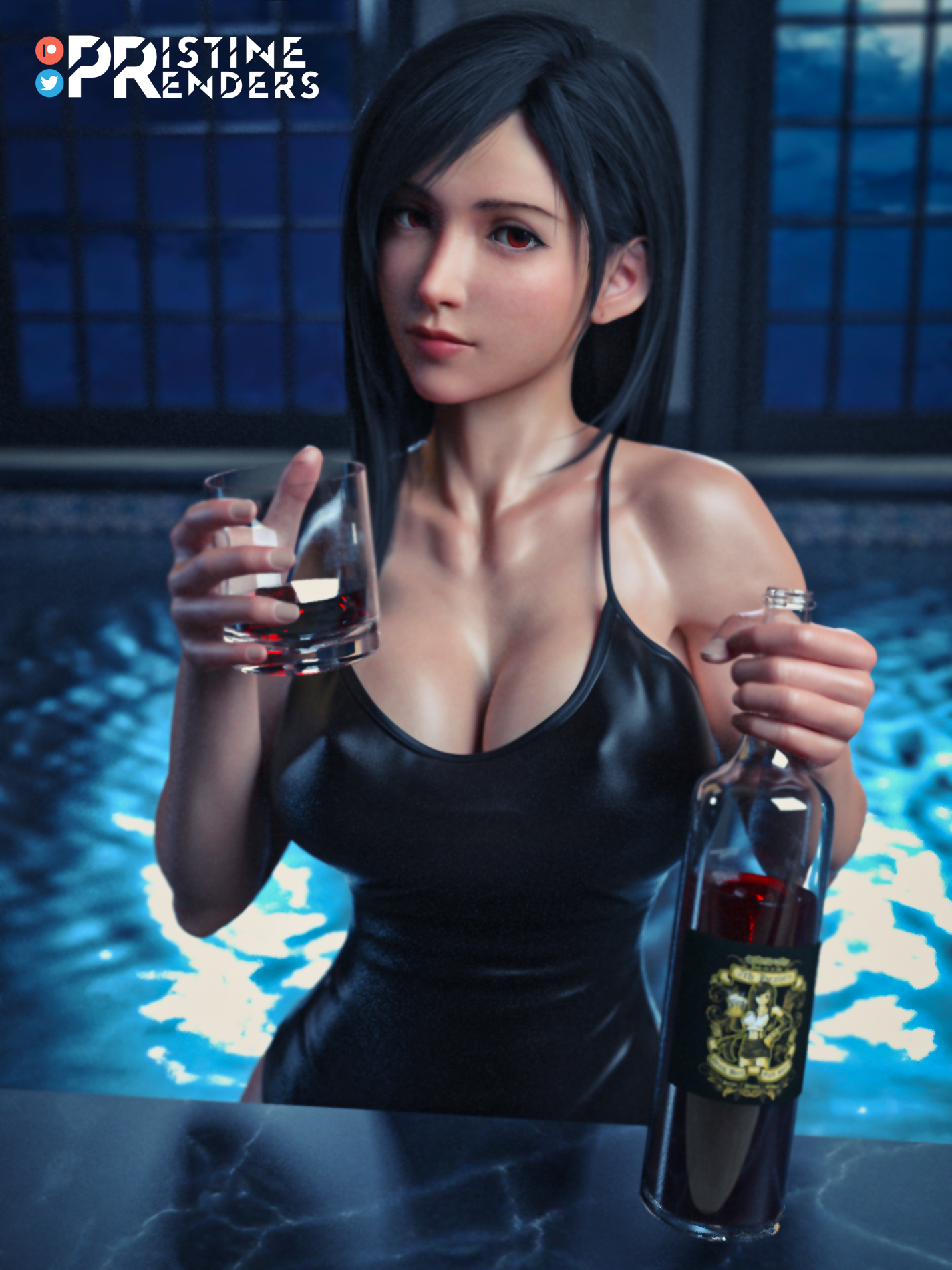1girls, 3d, big breasts, black hair, breasts, female, female only, final fantasy, final fantasy vii, final fantasy vii remake, one-piece swimsuit, pool, pristinerenders, red eyes, solo, square enix, swimsuit, tifa lockhart, wine, wine glass