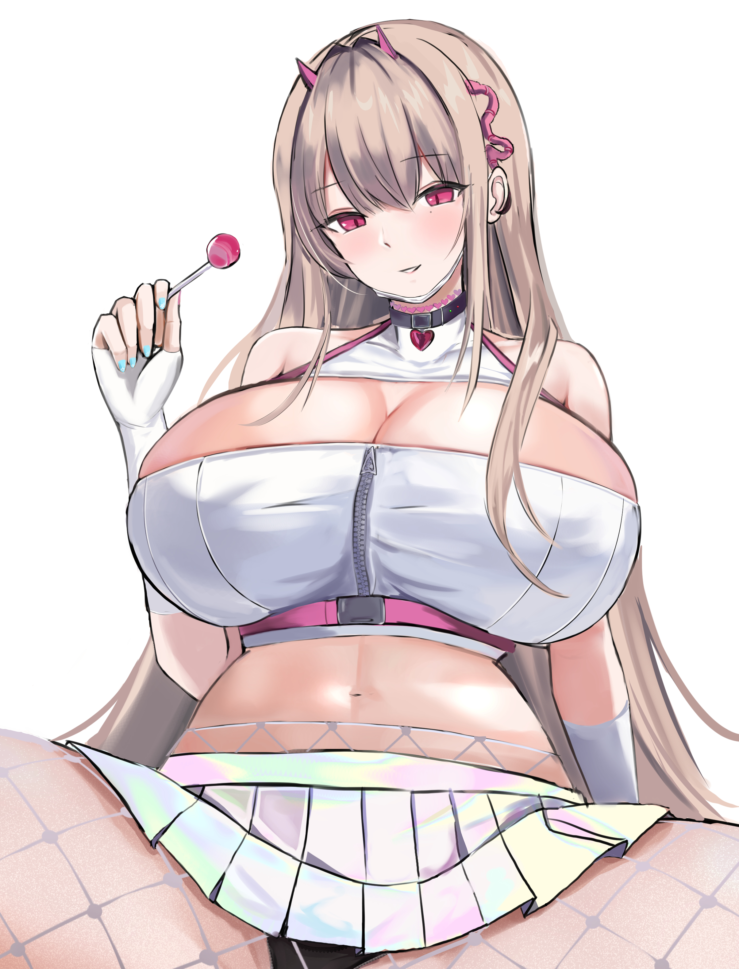 1girls, bangs, black panties, black underwear, blush, breasts, brown hair, choker, cleavage, cleavage cutout, clothed, collar, colored nails, crop top, eyebrows visible through hair, face mask, female, fingerless gloves, fishnets, gloves, goddess of victory: nikke, hair ornament, heart, horn, huge breasts, lollipop, long hair, looking at viewer, mask, mask pull, navel, no bra, panties, pleated skirt, purple eyes, skirt, smile, spread legs, straps, type5 labyrith, underwear, viper (nikke), white background, white gloves, white legwear, white skirt