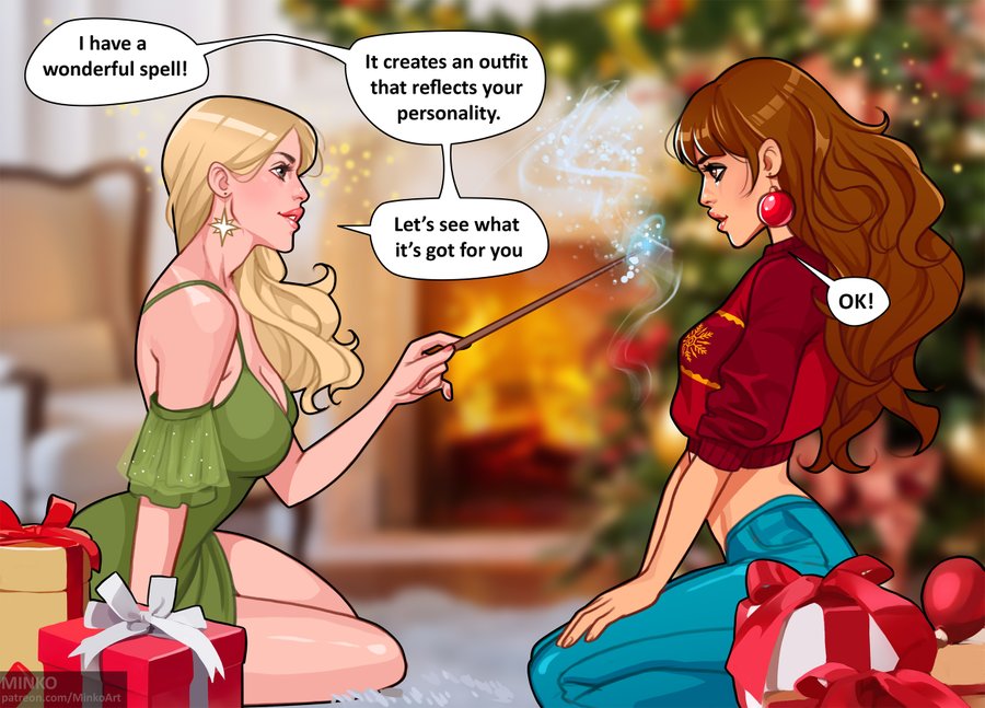 2girls big_breasts bimbofication blurry blurry_background breasts busty christmas cleavage comic curvaceous curvy curvy_figure dialogue digital_drawing_(artwork) digital_media_(artwork) english_text eyebrows eyelashes eyes female female_focus female_only fireplace gift gryffindor hair harry_potter hermione_granger hips hourglass_figure legs light-skinned_female light_skin lips luna_lovegood minko olena_minko ravenclaw slim slim_waist speech_bubble text thick thick_legs thick_thighs thighs upper_body voluptuous waist wand wide_hips witch_(harry_potter)