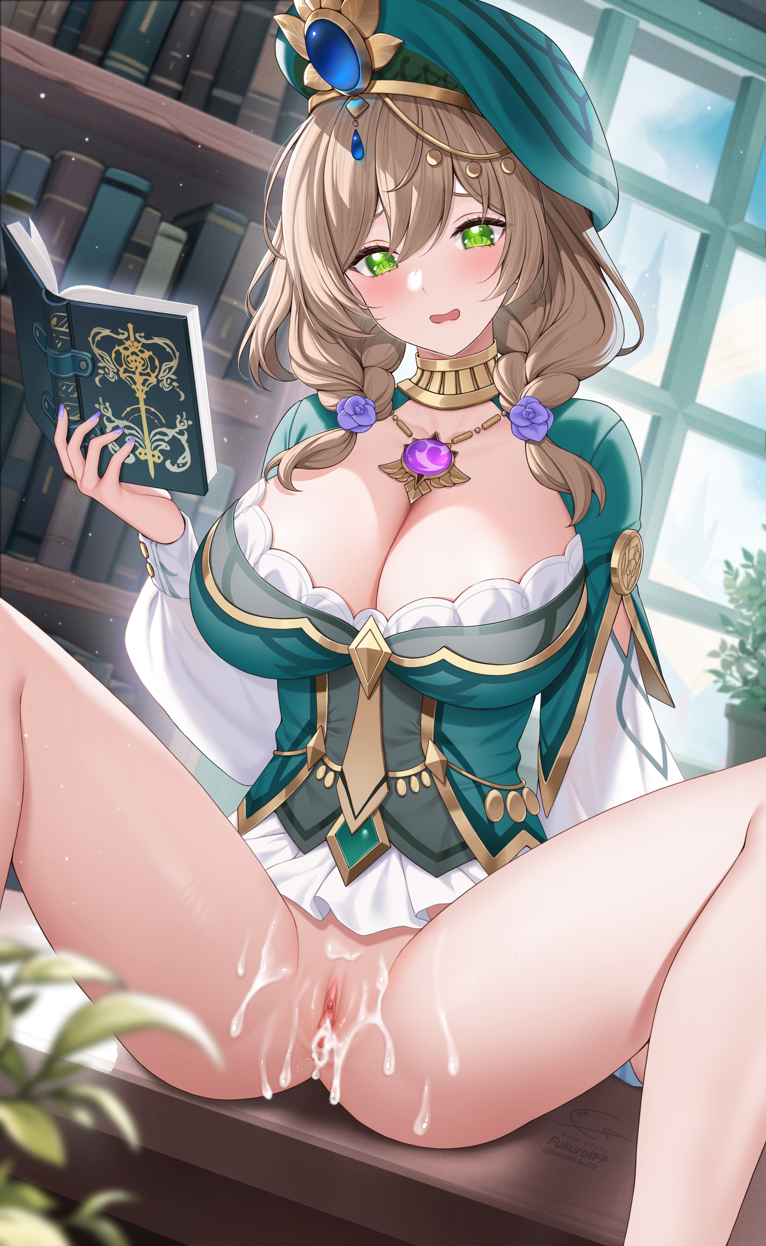1girls, areolae, ass, blonde hair, blush, bottomless, breasts, brown hair, cleavage, cum, detailed background, dress, female, female focus, female only, fukuro ko (greentea), genshin impact, green eyes, hair between eyes, hat, high resolution, highres, holding object, huge breasts, indoors, jewelry, legs, light skin, light-skinned female, lisa (a sobriquet under shade) (genshin impact), lisa (genshin impact), multicolored hair, nail polish, necklace, nipples, purple nails, pussy, reading, short hair, sitting, solo, solo female, surprised, thick thighs, thighs, twintails