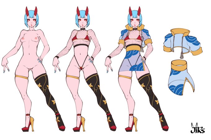 amy_(jirs) blue_hair female fishnet_shirt fishnets high_heels horn horns jirs oni oni_horns outfit_reference red_eyes red_horns thighhighs