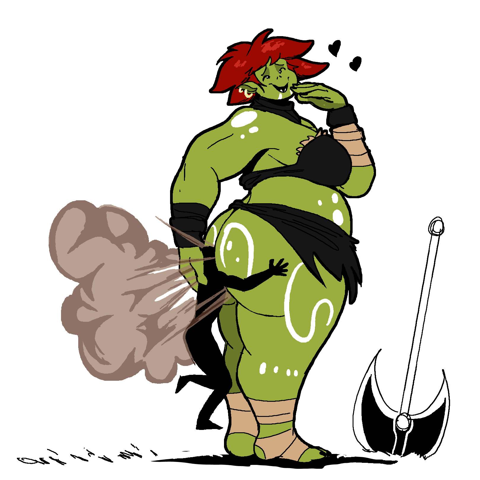 ass, axe, big ass, facefart, fart, fart cloud, fart fetish, fart torture, farting, farting in face, female, green skin, monster girl, ogre, ogre female, red hair, size difference