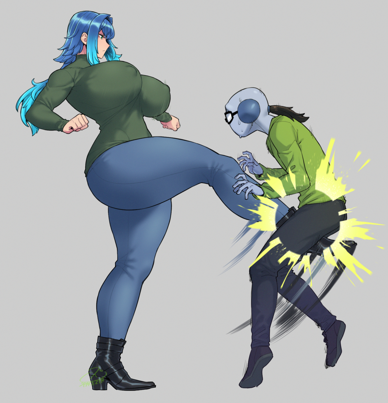 1boy, 1girls, artist self-insert, ballbusting, balls, big breasts, blue hair, boots, breasts, clothing, cock and ball torture, cock and balls torture, crotch kick, faceless male, female, fully clothed female, fully clothed male, grey background, grey skin, hourglass figure, huge breast, huge breasts, jeans, kicking, kicking balls, large breasts, light skin, light-skinned female, long hair, male, massive breasts, nipples visible through clothing, original, original character, penis, ponytail, smaller male, spacezin, thick thighs, zoe (spacezin)