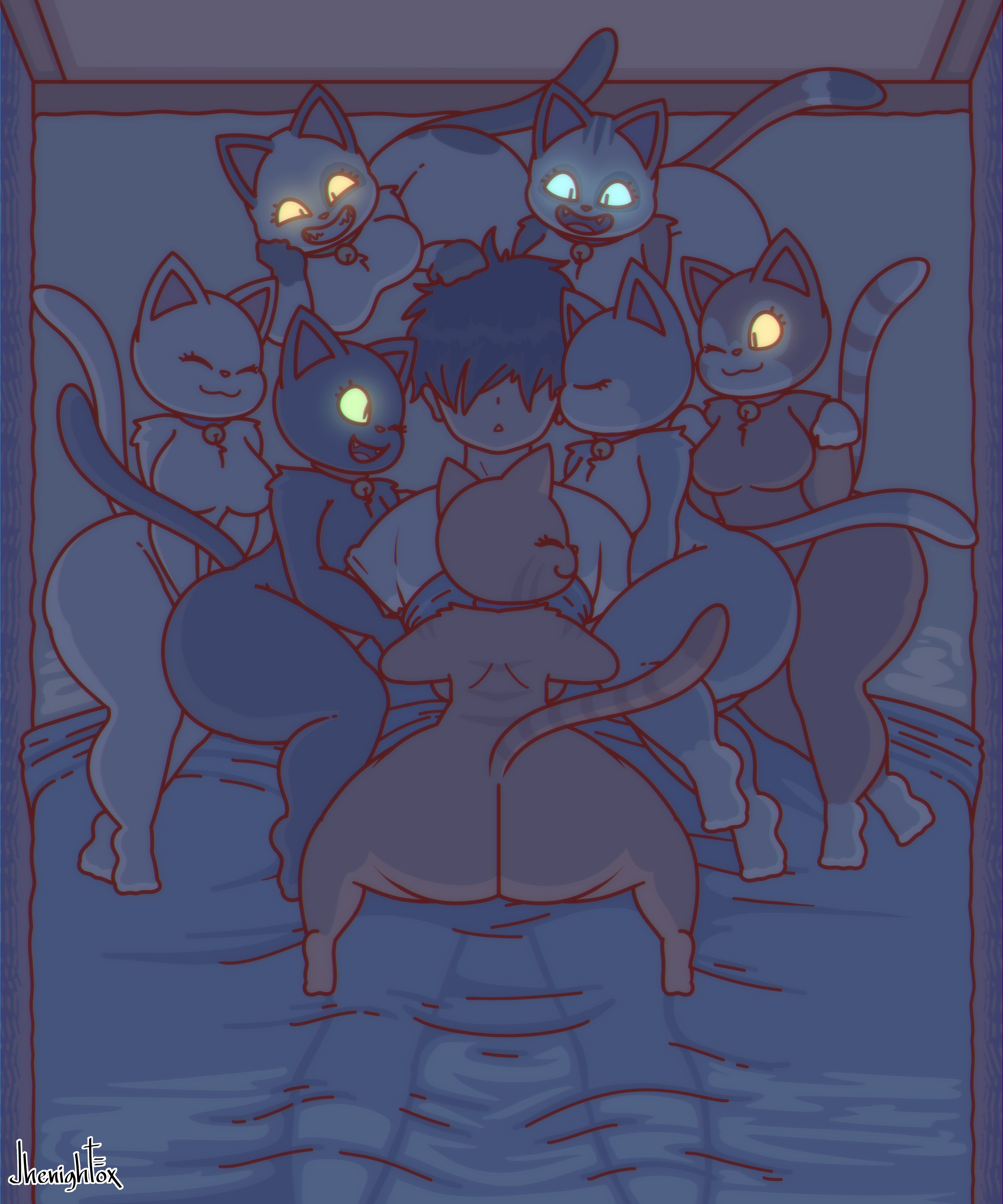 :3, 1boy, 7girls, adorable, anthro, ass, bell collar, big ass, big breasts, breasts, bubble ass, bubble butt, cute, domestic cat, felid, feline, felis, female, fur, furry, group, huge ass, jhenightfox, male, shortstack, tail, the kittens (jhenightfox), thick thighs, wide hips