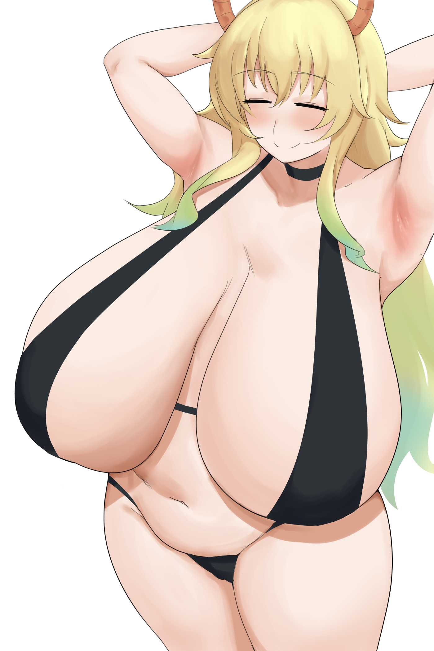 1girls, alternate version available, armpits, big breasts, bikini, bikini bottom, bikini top, black bikini, blonde hair, breasts, cleavage, closed eyes, female, female only, ff 2929, hair, hands behind head, horns, huge breasts, large breasts, long hair, massive breasts, mature, mature female, milf, miss kobayashi's dragon maid, quetzalcoatl (dragon maid), skimpy, skimpy bikini, smile, swimsuit, swimwear, thick thighs, thighs, two-tone hair