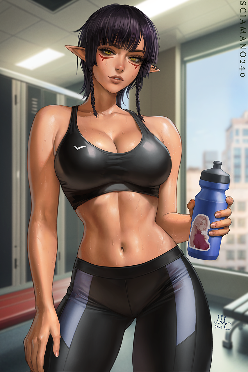 1girls artist_signature breasts elf elf_ears elf_female facial_markings female gym gym_clothes holding_object indoors large_breasts locker_room navel original original_character pointy_ears purple_hair sciamano240 short_hair slim_waist sports_bra sportswear sweat sweaty_body tan tan-skinned_female tanned_skin thick_thighs tight_clothing toned valerie_(sciamano240) water_bottle yellow_eyes yoga_pants