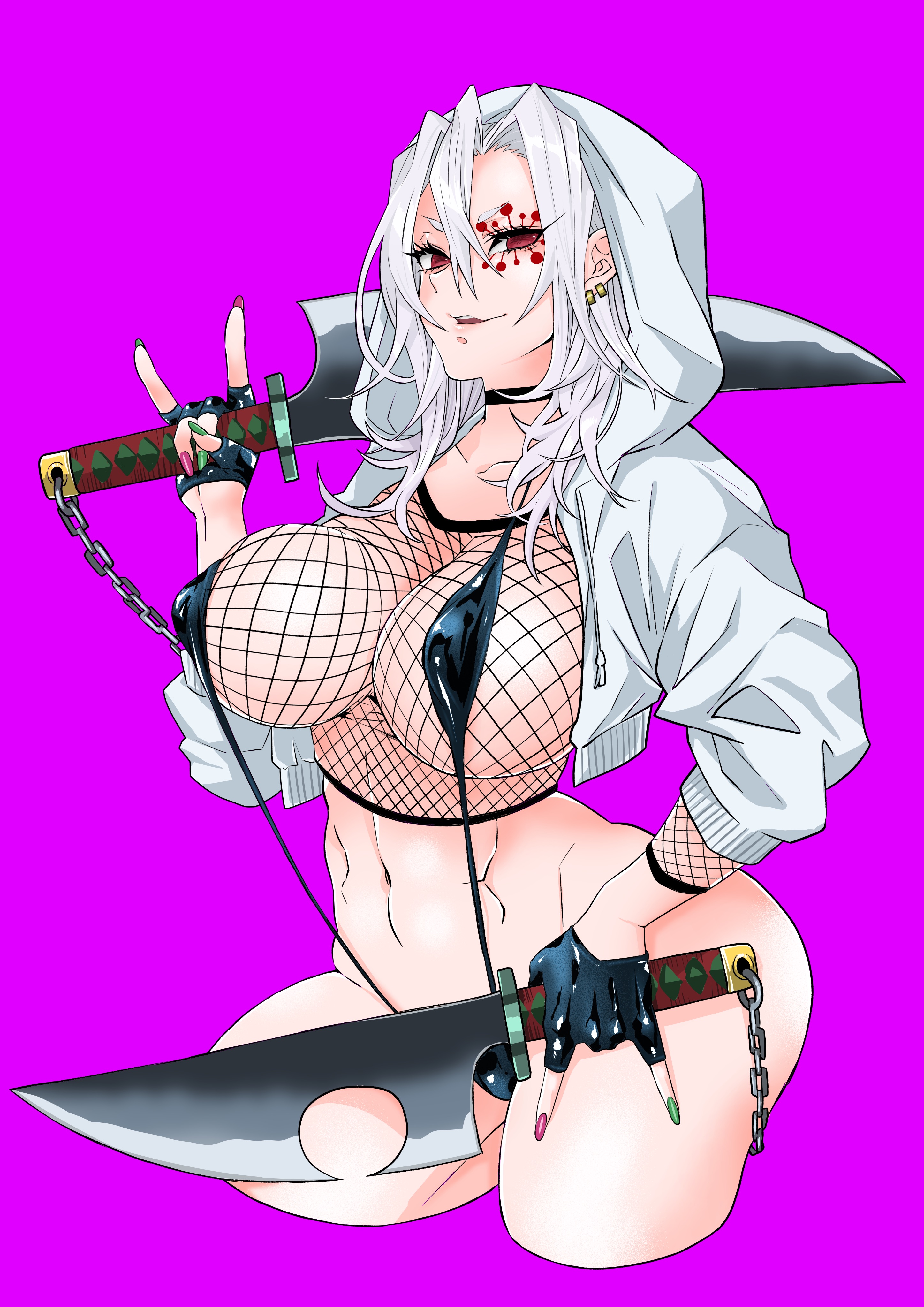 ass, big ass, big breasts, black gloves, breasts, choker, crop top, demon slayer, earrings, facepaint, facial mark, female, female only, fingerless gloves, fishnet shirt, genderswap, genderswap (mtf), gloves, hair between eyes, hair down, hood, hood up, hoodie, kimetsu no yaiba, long fingernails, mesh shirt, nail polish, nipple bulge, purple background, red eyes, rule 63, sling bikini, slingshot swimsuit, smile, solo, sword, taiga (pixiv), uzui tengen, weapon, white hair, wide hips