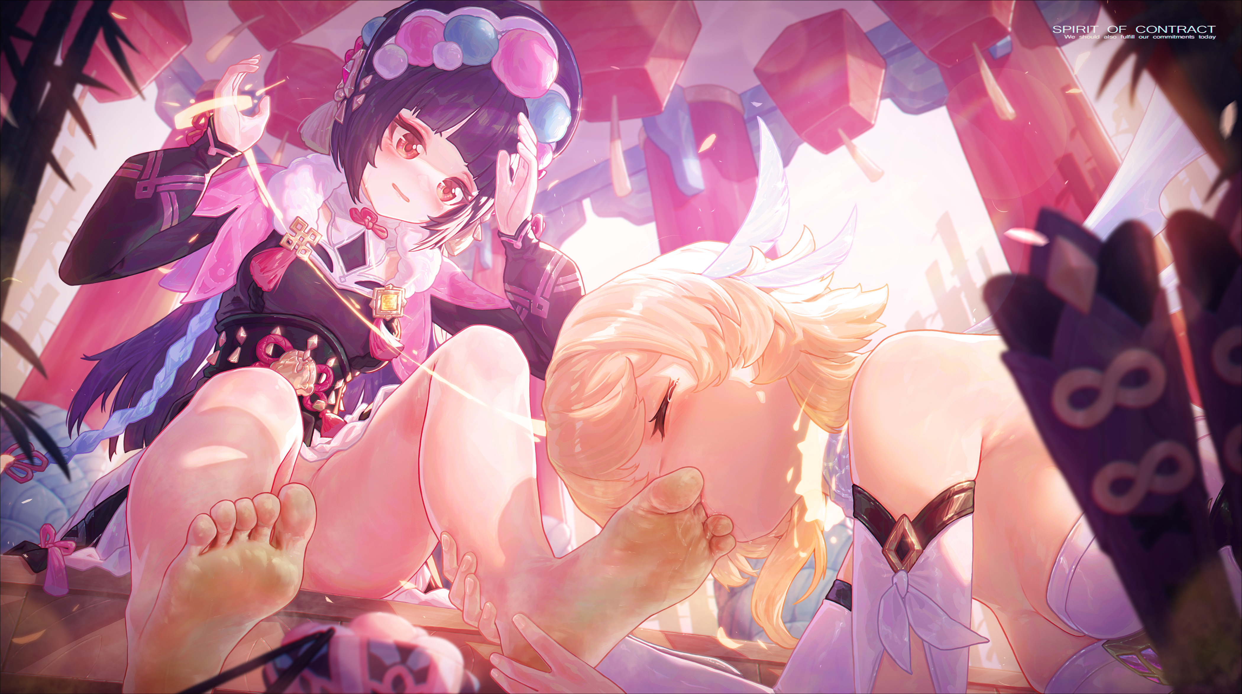 2d, 2d (artwork), 2girls, alternate version available, aroused, aroused smile, bangs, barefoot, blonde hair, blush, blushing, clothed, clothing, dominant female, domination, feet, female, female/female, foot fetish, foot focus, foot worship, genshin impact, highres, icecake, large filesize, leash, light skin, light-skinned female, lumine (genshin impact), soles, submissive, submissive female, sweaty feet, toe sucking, toes, yun jin (genshin impact)
