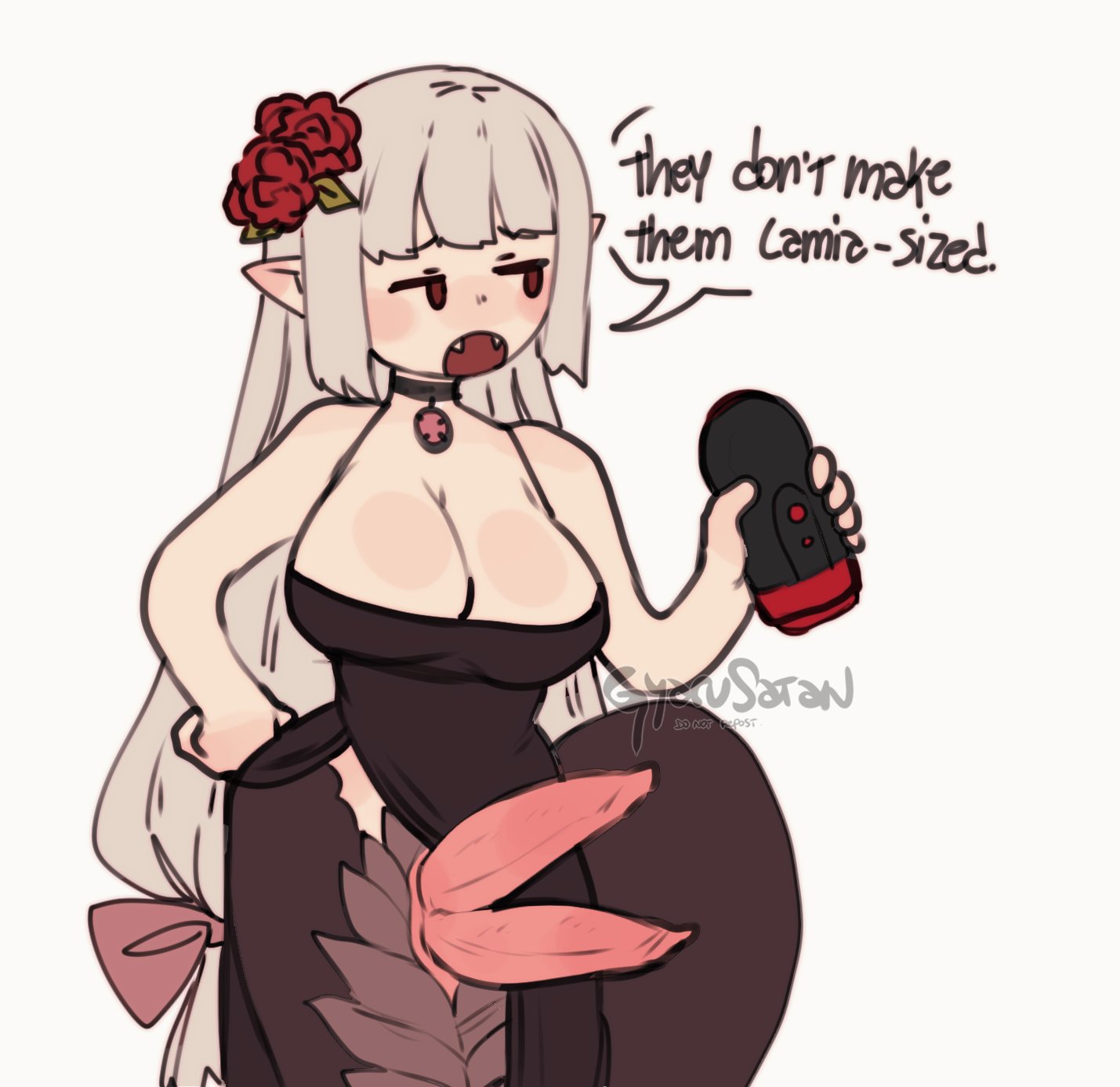 1futa, 2022, animal penis, bangs, big breasts, big penis, bottomless, breasts, chibi, choker, cleavage, clothed, clothing, dialogue, diphallia, diphallism, disappointed, dress, echidna (gyarusatan), english text, erect penis, erection, fangs, flower, flower in hair, futa only, futanari, gyarusatan, hand on hip, hi res, humanoid, intersex, lamia, light skin, light-skinned futa, long hair, looking away, multi genitalia, multi penis, naga, narrowed eyes, necklace, onahole, partially clothed, penis, penis out, pointy ears, red eyes, sex toy, simple eyes, snake, snake penis, solo, speech bubble, standing, text, white background, white hair