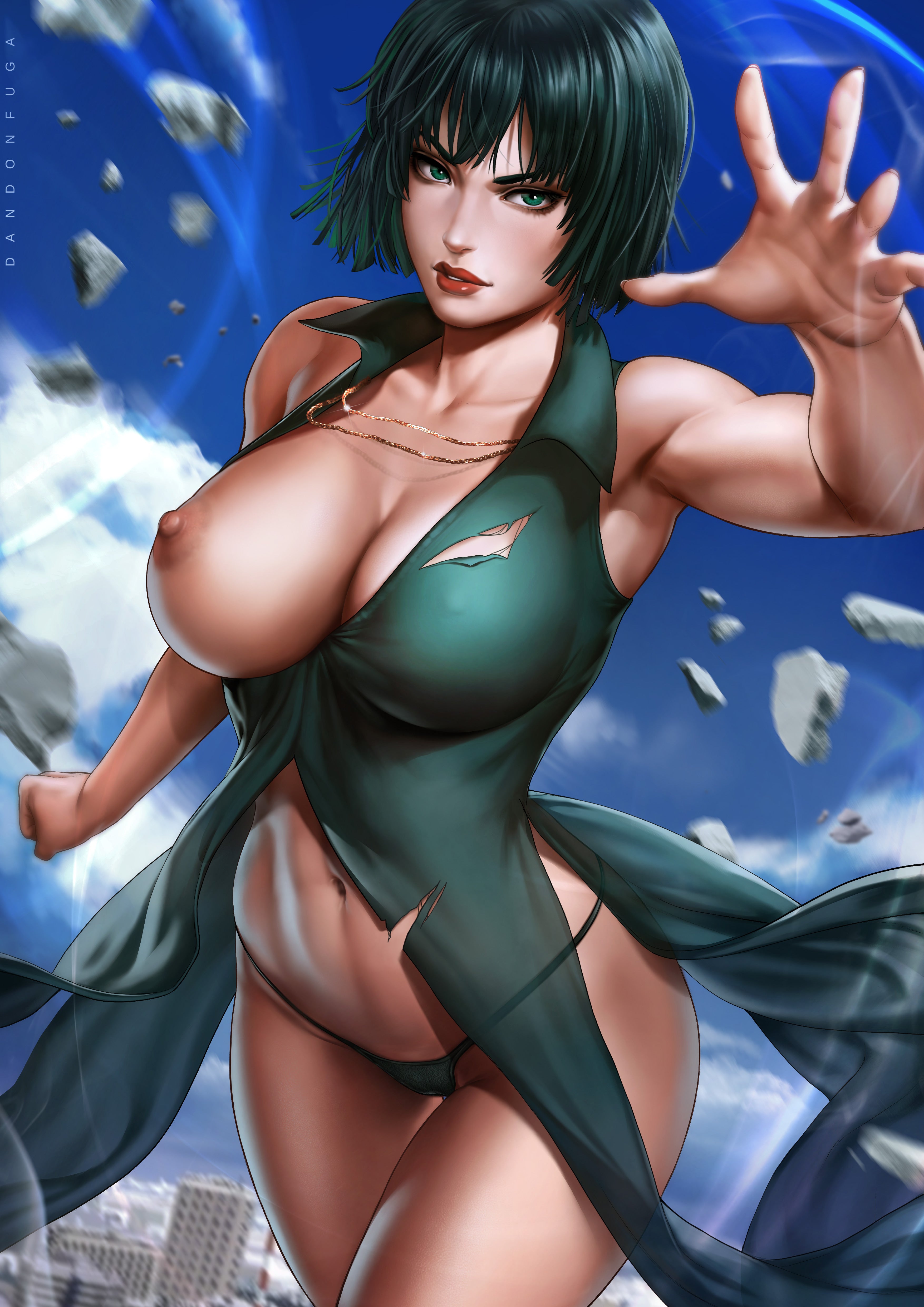 1girls, almost naked, areola, areolae, armpits, bare shoulders, belly, belly button, big breasts, breasts, breasts out, breasts outside, busty, cameltoe, clothed, clothing, curvaceous, curvy, curvy body, curvy female, curvy figure, curvy hips, dandon fuga, dark green hair, dress, esper, eye contact, eyelashes, female, fit, fit female, floating, flying, fringe, front view, fubuki (one-punch man), green eyes, green hair, hips, hourglass figure, large breasts, legs, legs together, light skin, light-skinned female, lips, lipstick, looking at viewer, medium hair, midriff, navel, necklace, nipples, one breast out, one-punch man, panties, pose, posing, pussy, ripped clothes, ripped clothing, ripped dress, short hair, solo, telekinesis, thick thighs, thighs, thong, toned, toned female, toned stomach, vagina, voluptuous, wide hips