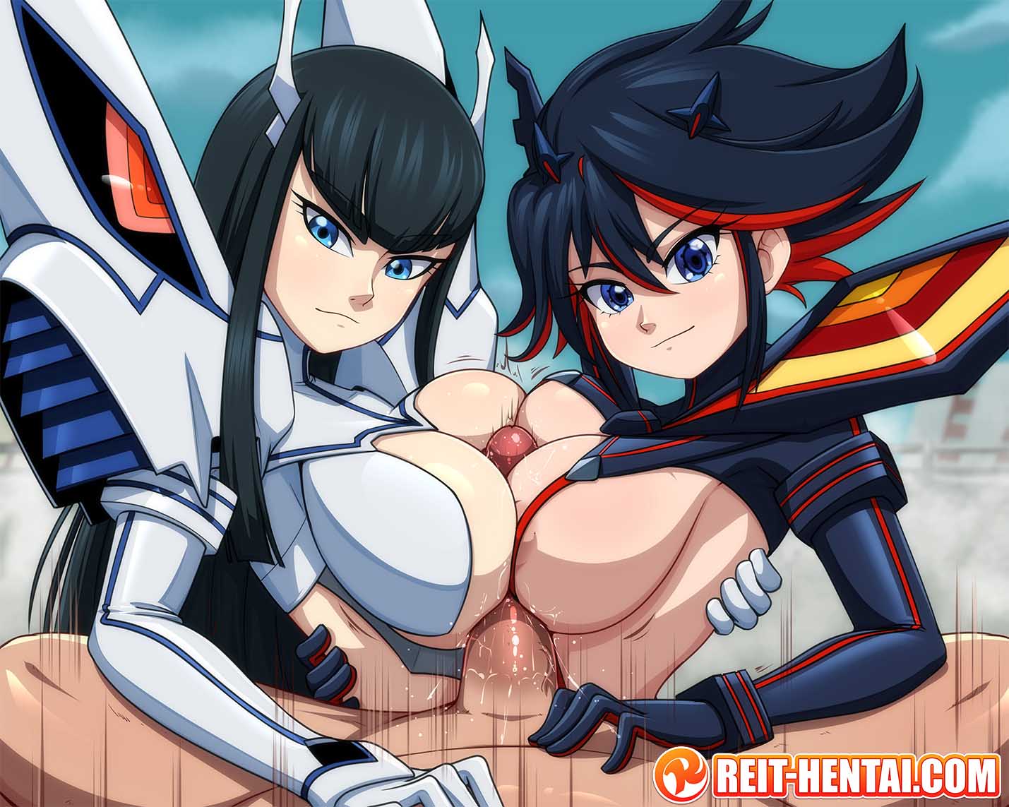 1boy 2girls big_breasts blue_eyes breasts double_paizuri faceless_male female incest kill_la_kill kiryuuin_satsuki light-skinned_female light-skinned_male long_hair looking_at_viewer male matoi_ryuuko multiple_girls paizuri pov reit shimaidon short_hair sisters small_clothes tagme watermark