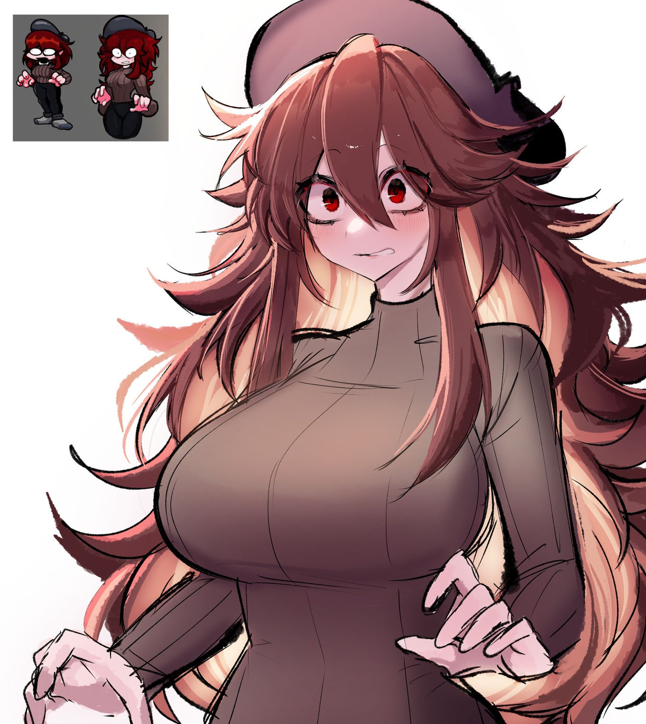 1girls, badonkadonks, beret, big breasts, blush, breasts, brown hair, bust-waist contrast, clothing, female, female only, flat belly, friday night funkin, fully clothed, girlfriend (friday night funkin), inframammary clothing crease, large breasts, long hair, long sleeves, massacre girlfriend (friday night funkin), millie (mistful crimson morning), red eyes, reference image, scared, surprised, sweater, tight clothing, turtleneck, usa37107692, white background