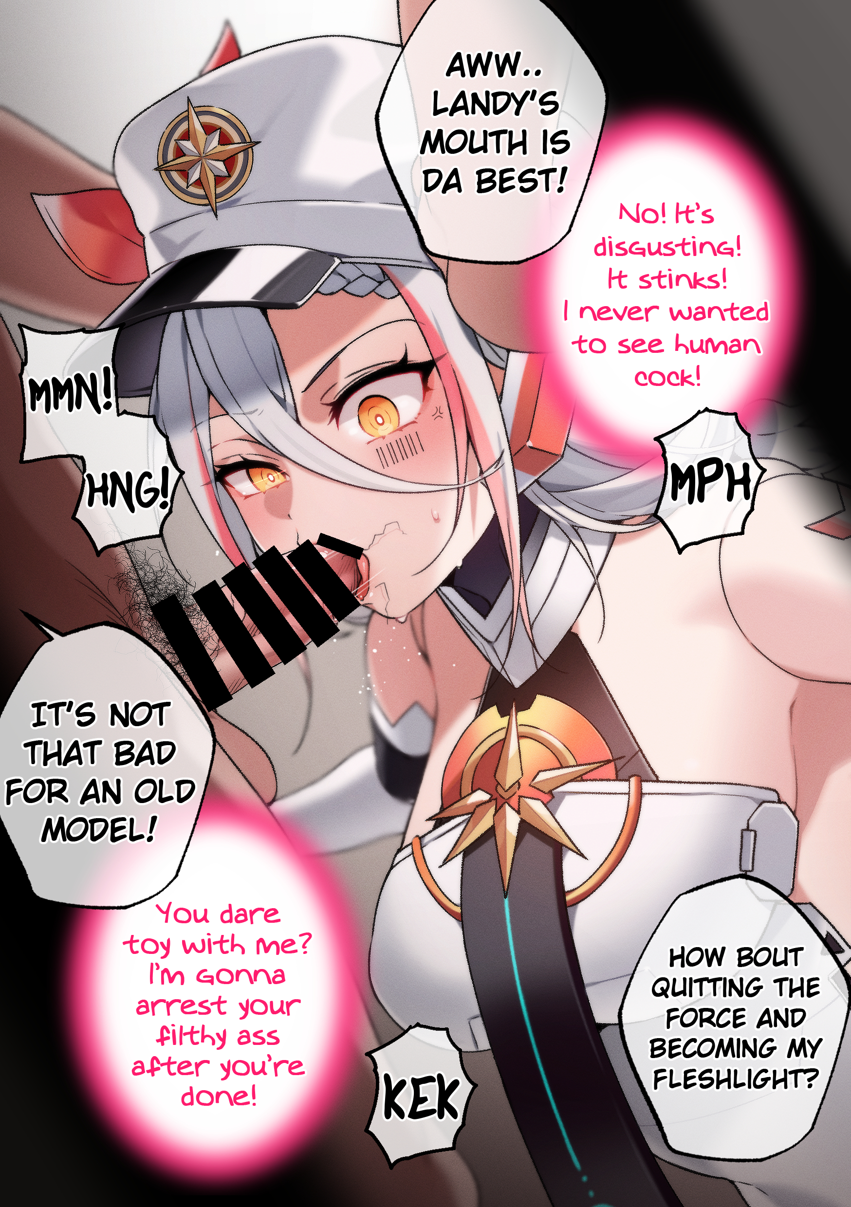 1boy, 1girls, angry, barcode, barcode tattoo, bechu, blowjob, censored, cyborg, dialogue, english text, epic7, fellatio, female, forced, forced oral, imminent rape, landy (epic7), male, oral, police hat, robot girl, stray pubic hair, sweat, tagme