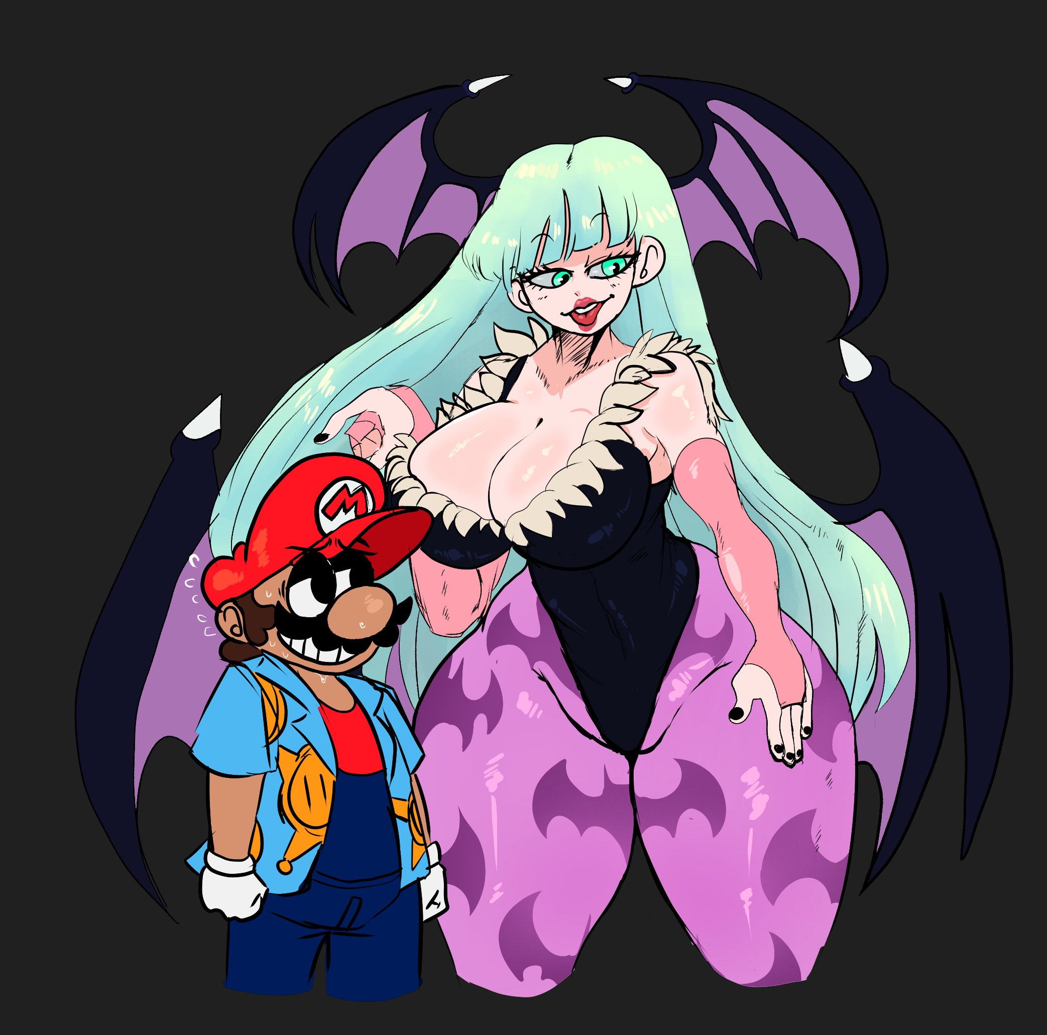 1boy, 1girls, breasts, capcom, clothing, crossover, curvy, darkstalkers, demon, demon girl, demon wings, female, huge breasts, imminent sex, large breasts, larger female, lemonadepikachu, male, mario, mario (series), morrigan aensland, nintendo, size difference, smaller male, succubus, thick thighs