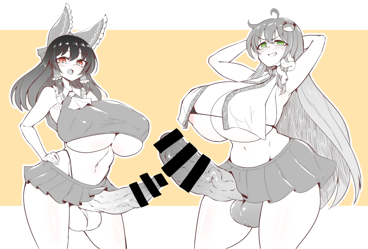 2futas, arms behind head, arms up, ass, balls, bar censor, big ass, big balls, big breasts, big butt, big penis, bikini, black hair, bottomless, breasts, breasts out, censor bar, censored, censored penis, clothed, clothing, dick, dickgirl, duo, erection, erection under skirt, futa only, futanari, gigantic breasts, gigantic penis, green eyes, greyscale, hand on hip, huge breasts, huge cock, huge penis, human, intersex, long hair, long penis, looking at viewer, miniskirt, mostly clothed, nipple bulge, nipples, pandain, penis, penis out, penis size difference, pose, posing, red eyes, reimu hakurei, sanae kochiya, school uniform, short hair, short skirt, skirt, smile, smug, spot color, standing, thick ass, thick penis, thick thighs, thighs, tight clothing, touhou, underboob, veiny penis