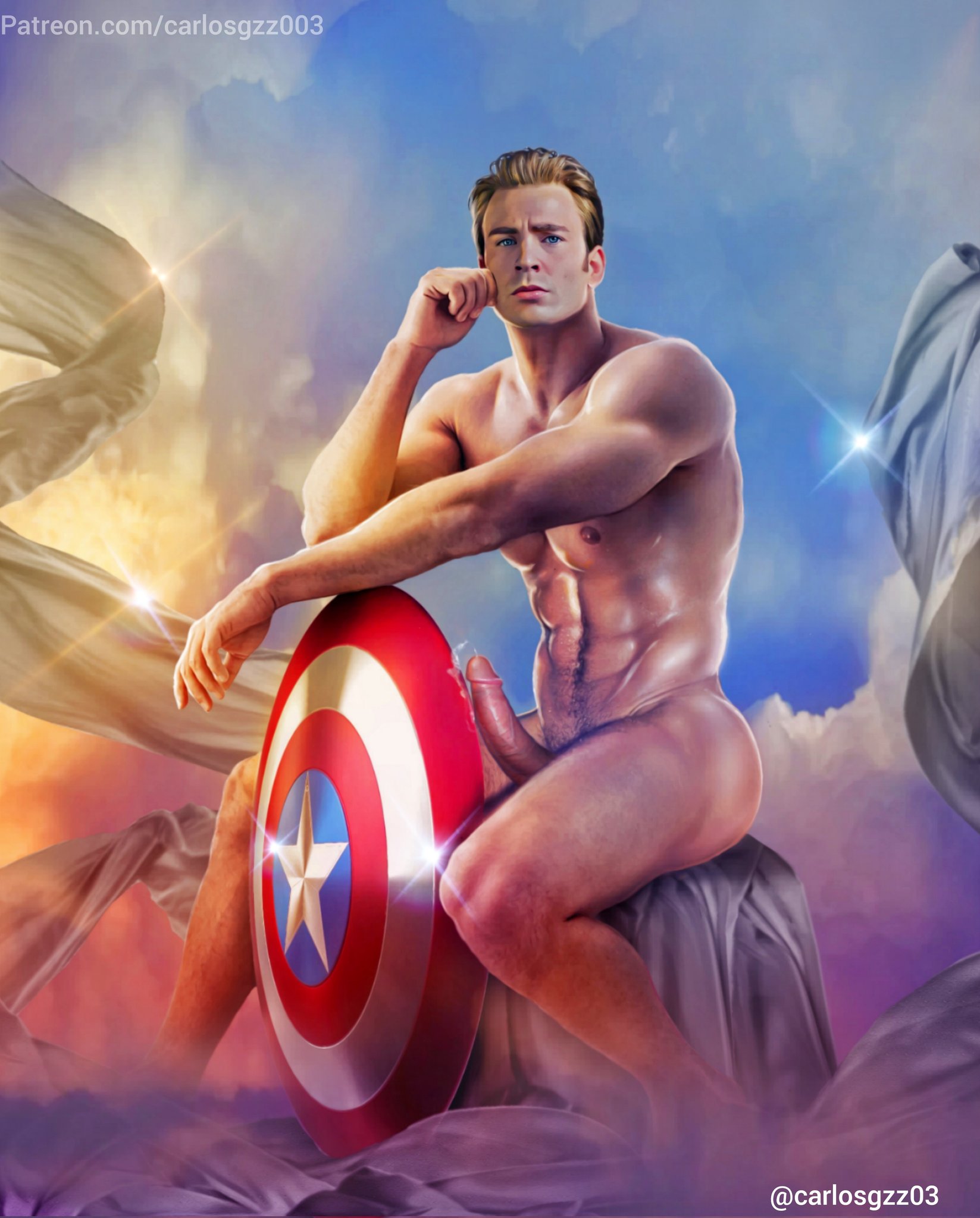 1boy, abs, actor, boner, captain america, captain america (series), captain america's shield, carlos gzz, celebrity, chris evans, erect penis, erection, hand on face, hard on, human, human only, in character, light skin, light-skinned male, looking at viewer, male, male only, marvel, marvel cinematic universe, marvel comics, muscles, muscular, muscular male, pecs, penis, posing, precum, precum drip, shield, sitting, solo, solo male, steve rogers, thick thighs
