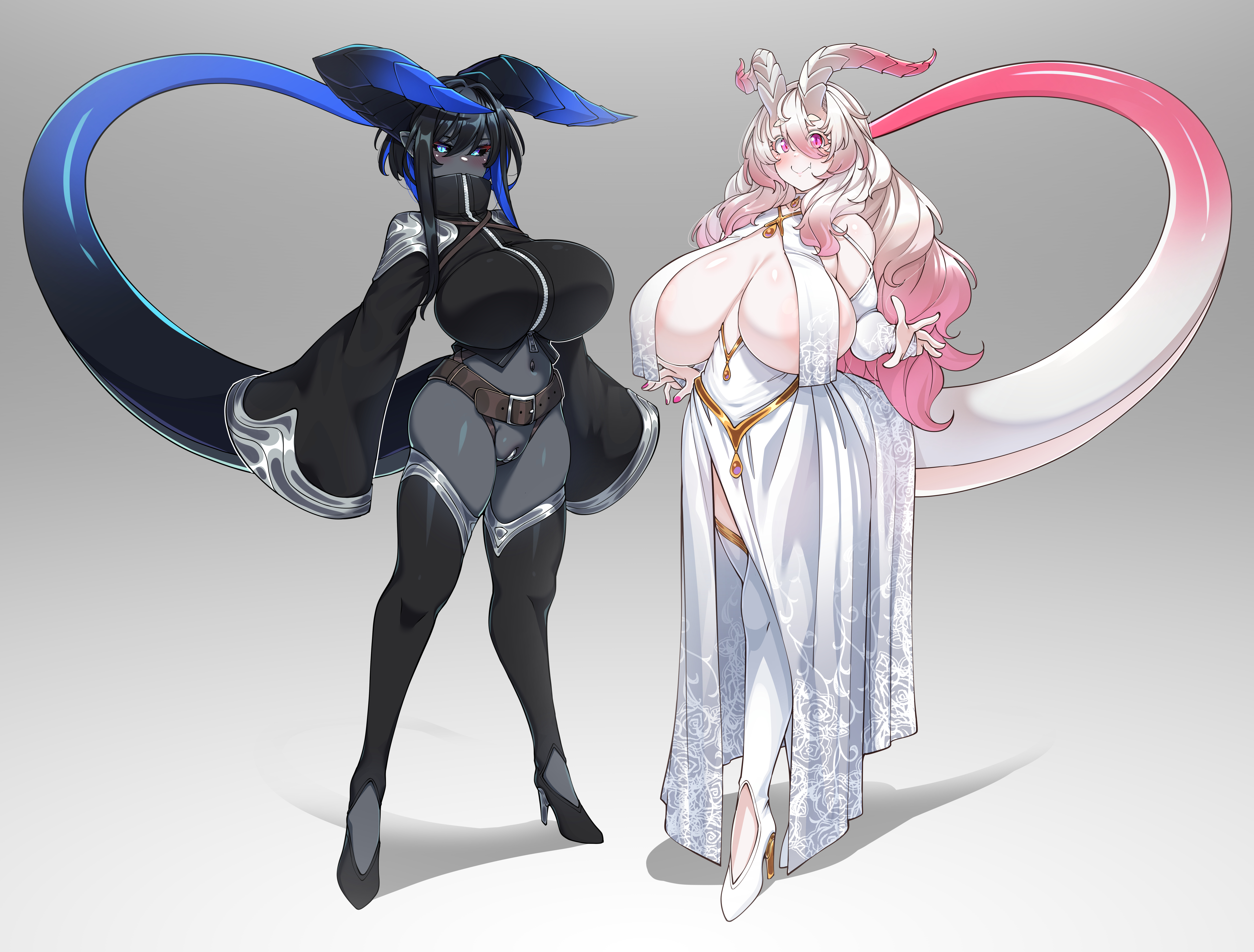 2girls, absurdres, areola slip, bare shoulders, belt, black dragon (konoshige), black footwear, black hair, black legwear, blue-eyed female, blush, boots, breast curtains, breasts, cleavage, colored skin, detached sleeves, dragon girl, dragon horns, dragon tail, dress, enormous breasts, female, female dragon, female only, full body, gigantic breasts, gradient background, gradient hair, grey background, grey skin, grey-skinned female, groin, hi res, high heeled shoes, high heels, high resolution, highres, horns, huge breasts, huge cleavage, jewelry, konoshige (ryuun), long hair, looking at viewer, maebari, massive breasts, monster girl, multicolored hair, multiple females, multiple girls, nail polish, no panties, original, partially visible vulva, pelvic curtain, pink hair, pink nails, pointy ears, purple eyes, pussy, revealing clothes, ryuun (stiil), siblings, sisters, skindentation, slit pupils, smile, solid color background, standing, tail, thigh boots, thighhighs, thighs, very long hair, white dragon (konoshige), white footwear, white hair
