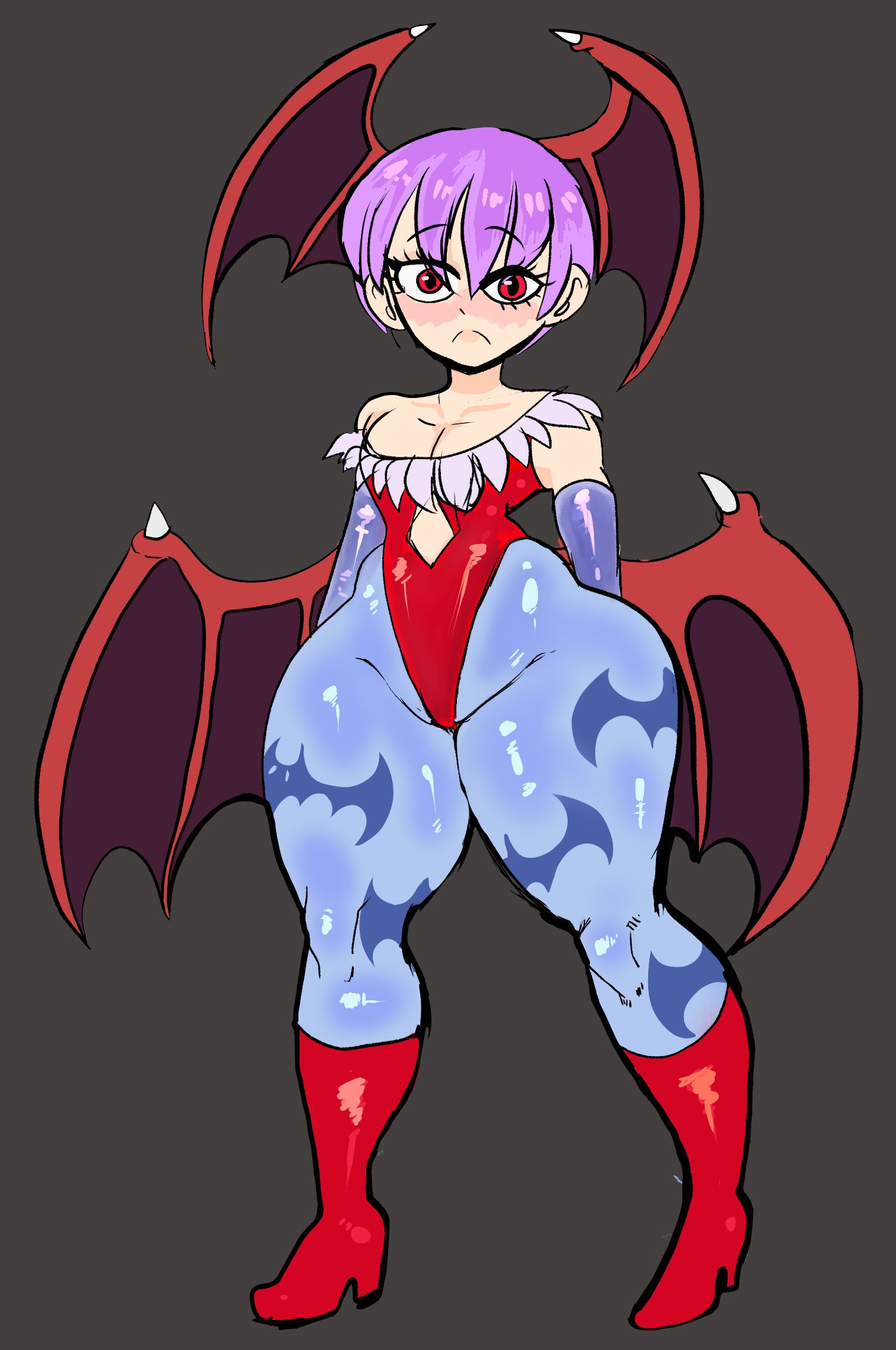 1girls, bottom heavy, clothing, darkstalkers, demon, female, flat chest, head wings, lemonadepikachu, lilith aensland, looking at viewer, solo, succubus, succubus costume, succubus wings, thick thighs, thunder thighs