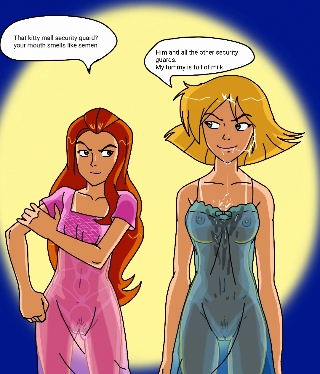 2girls, after fellatio, after oral, after sex, breasts, broken english, clover (totally spies), cum, cum drip, cum on breasts, cum on face, cum swallow, female, female only, multiple females, multiple girls, nightgown, nipples, nipples visible through clothing, pussy, sam (totally spies), see-through, see-through clothing, standing, sunnie, totally spies