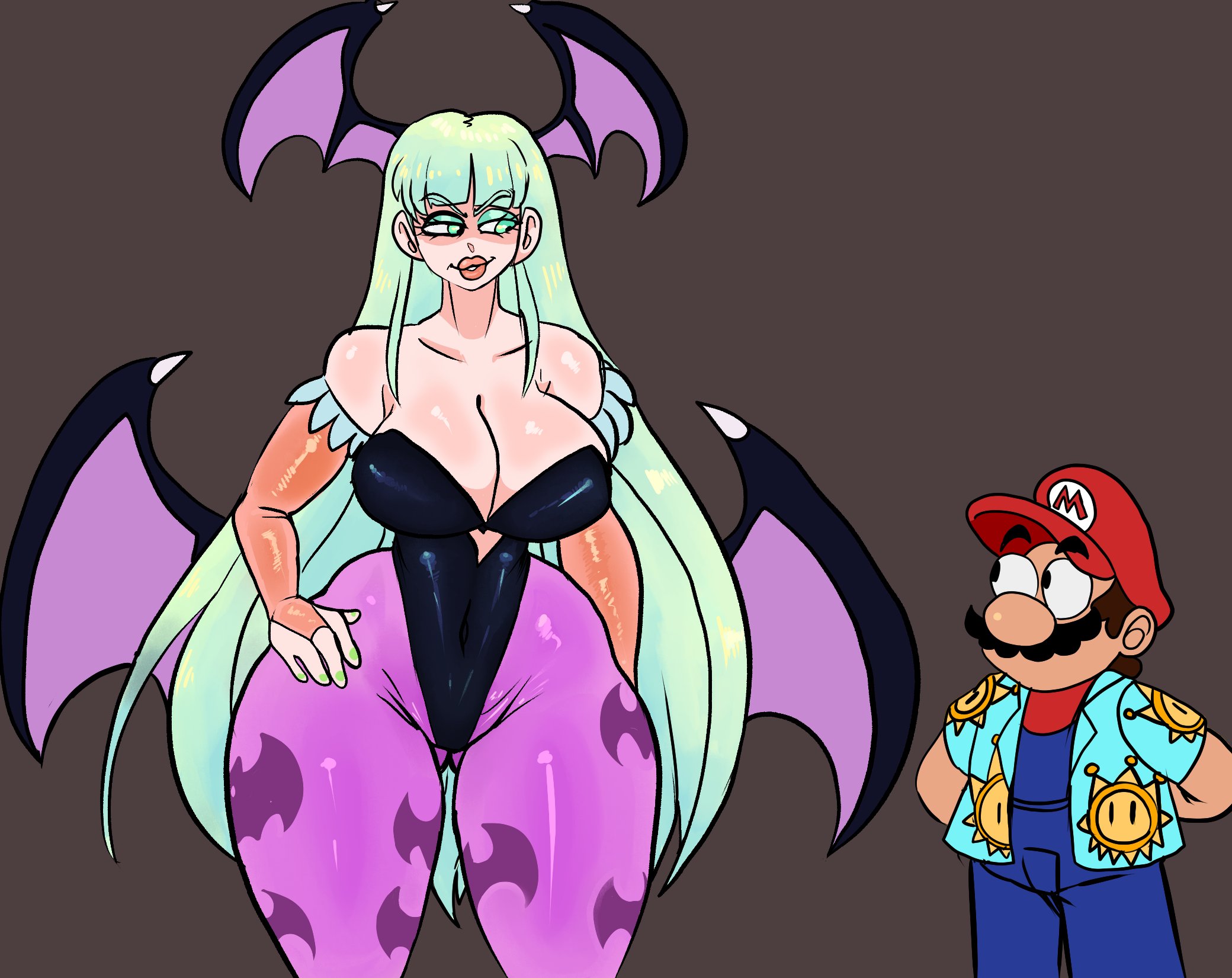 1boy, 1girls, big breasts, breasts, capcom, clothing, crossover, curvy, darkstalkers, demon, demon girl, demon wings, female, huge breasts, imminent sex, large breasts, larger female, lemonadepikachu, male, mario, mario (series), morrigan aensland, nintendo, seductive smile, size difference, smaller male, succubus, thick thighs
