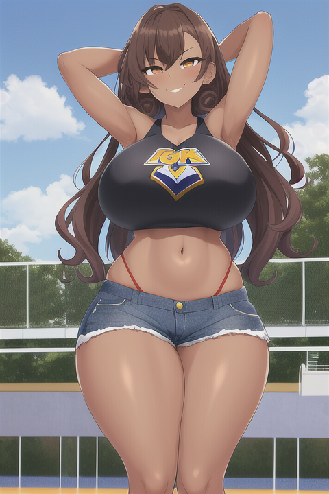 1girls ai_generated arms_behind_head big_ass big_breasts brown_hair busty clothing crop_top curly_hair curvy curvy_figure dark-skinned_female facing_viewer hazel_eyes huge_breasts jean_shorts long_hair nature_background novelai original panties park skate_park skin_tight smirk smug stable_diffusion tan_skin thick_thighs voluptuous