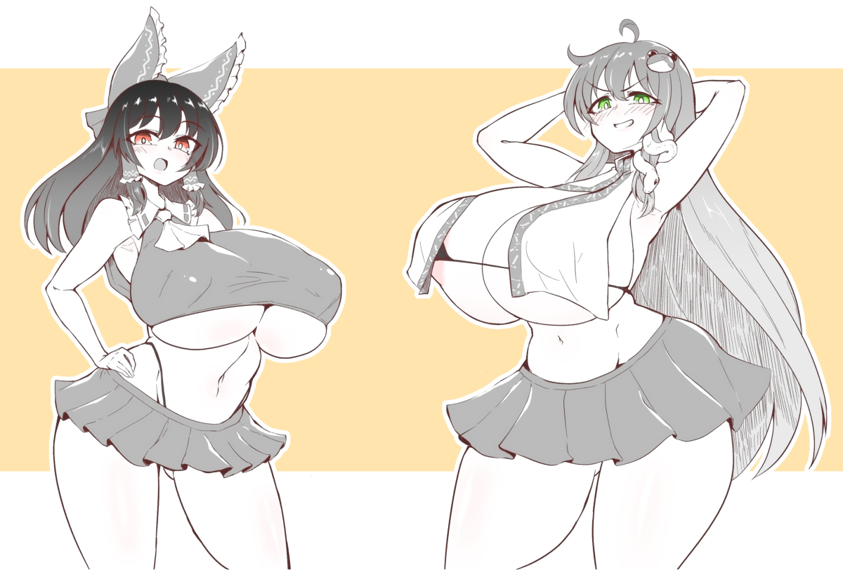 2girls, better version at source, big breasts, bimbo, breasts, female, female only, gigantic breasts, huge breasts, large breasts, massive breasts, pandain, reimu hakurei, sanae kochiya, solo, tagme, touhou