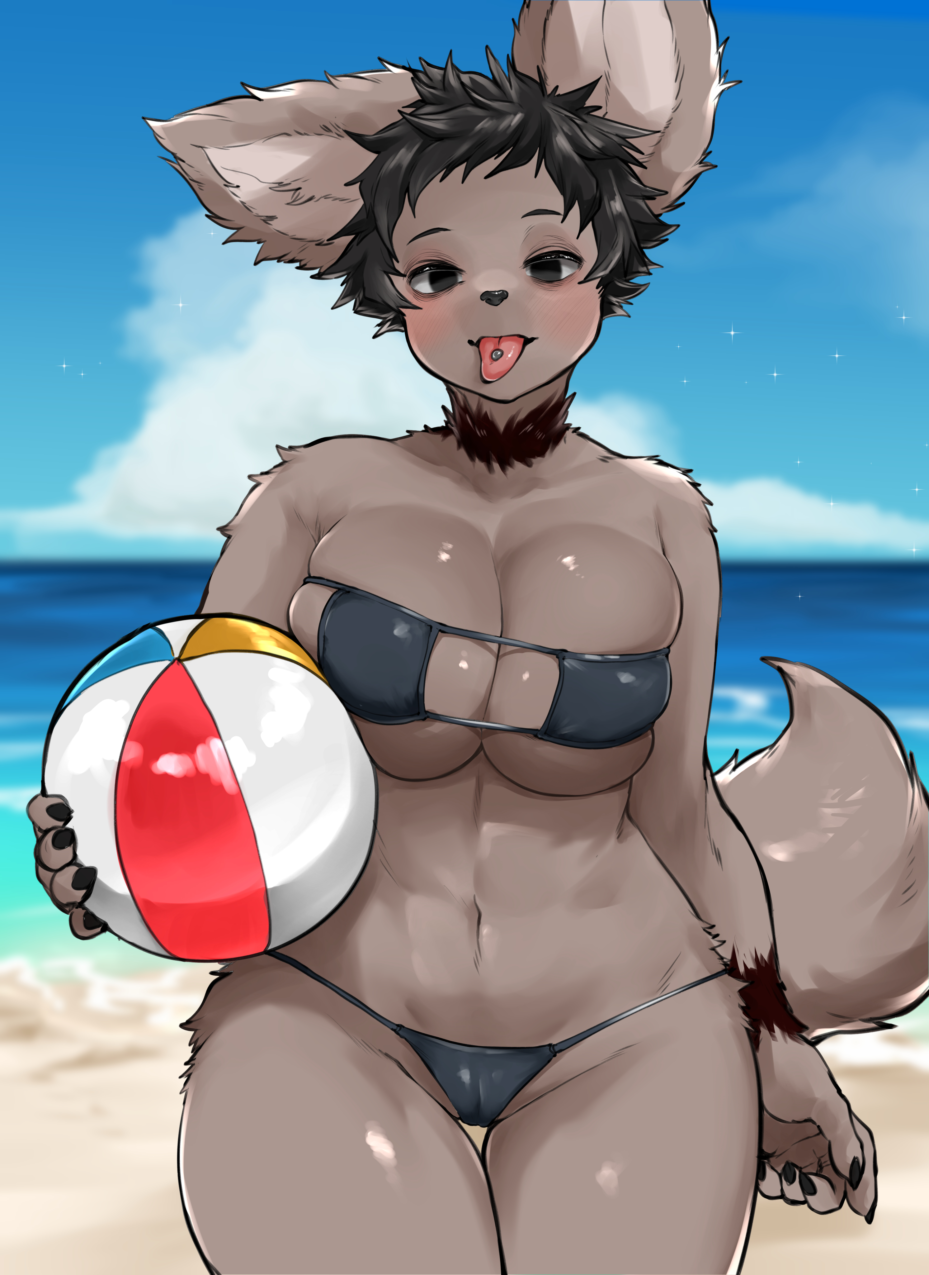 2022, absurd res, anthro, ball (object), beach, beach ball, big breasts, bikini, bikini bottom, bikini top, blush, breasts, camel toe, cameltoe, clothing, digital media (artwork), eyebrows, female, hi res, inflatable, mammal, outside, piercing, pussy, seaside, sleepiness18, solo, swimwear, tongue, tongue out, tongue piercing