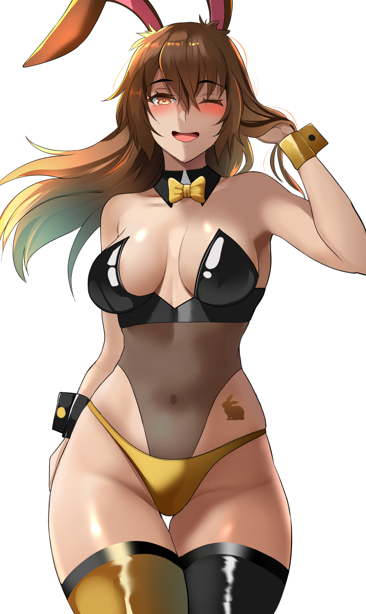 1girls ;d alternate_version_available breasts brown_hair bunny_ears bunny_girl bunnysuit female female_only lainart large_breasts looking_at_viewer one_eye_closed panties rwby smile solo tattoo underwear velvet_scarlatina wink year_of_the_rabbit yellow_panties