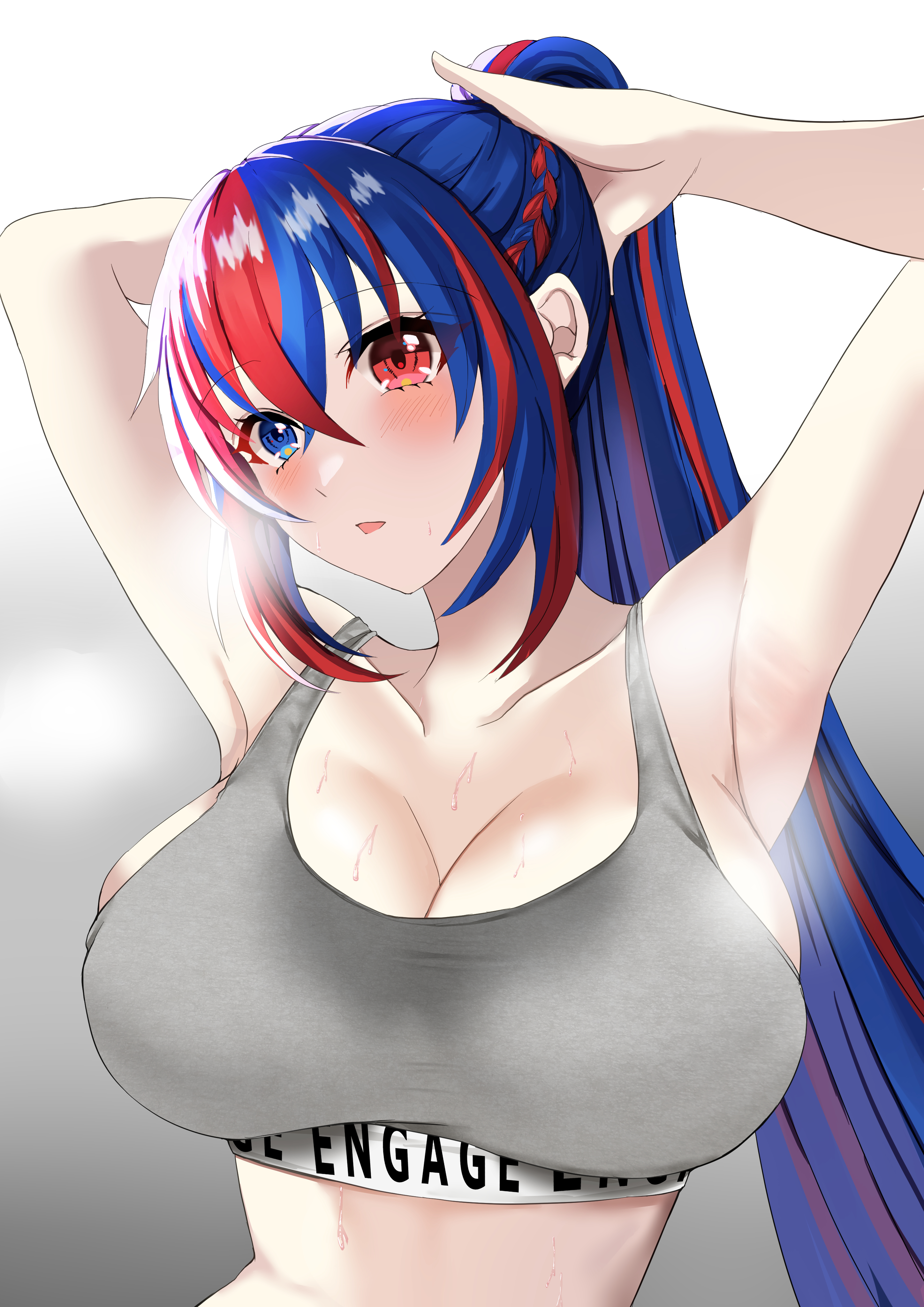 1girls, absurd res, absurdres, alear (fire emblem), alear (fire emblem) (female), alternate costume, alternate hairstyle, alternate version available, armpits, arms behind head, bangs, barely contained, blue eyes, blue hair, blush, breasts, busty, cleavage, english text, eyes visible through hair, female, female only, fire emblem, fire emblem engage, hair between eyes, heterochromia, hi res, highres, huge breasts, large breasts, light skin, long hair, looking at viewer, multicolored hair, nintendo, official alternate hairstyle, open mouth, ponytail, red eyes, red hair, solo, sports bra, sweat, sweatdrop, sweaty, tara (szzj7733), two-tone hair, tying hair, very long hair