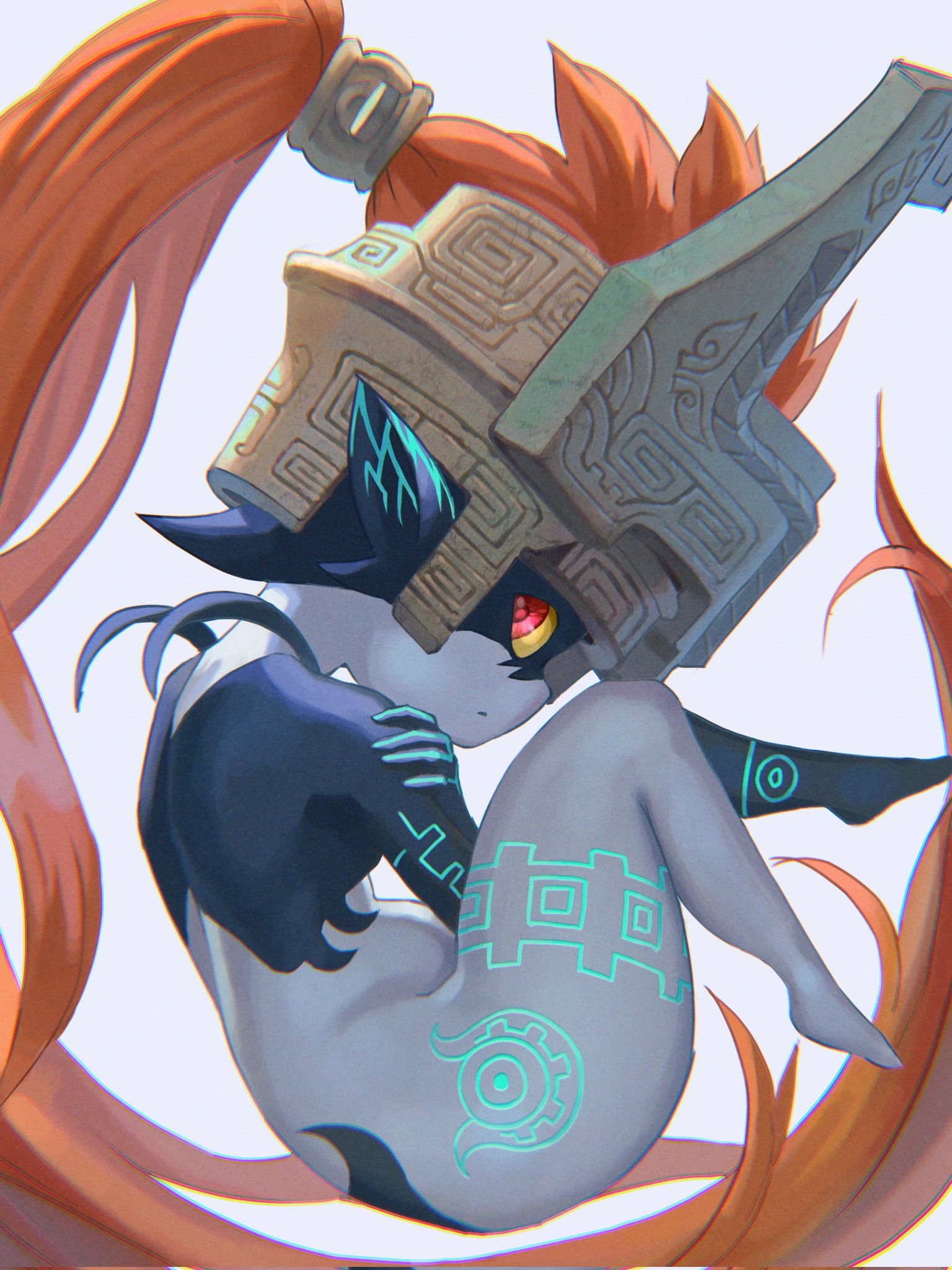 1girls, body markings, dark skin, female, female only, fetal position, floating, helmet, hiding, humanoid, imp, imp midna, light skin, long hair, looking back, markings, midna, orange hair, petite, plump, pointy ears, ponytail, red eyes, red hair, sanroku (jakko), shortstack, shy, smaller female, solo, the legend of zelda, thick thighs, twilight princess, very long hair, white background