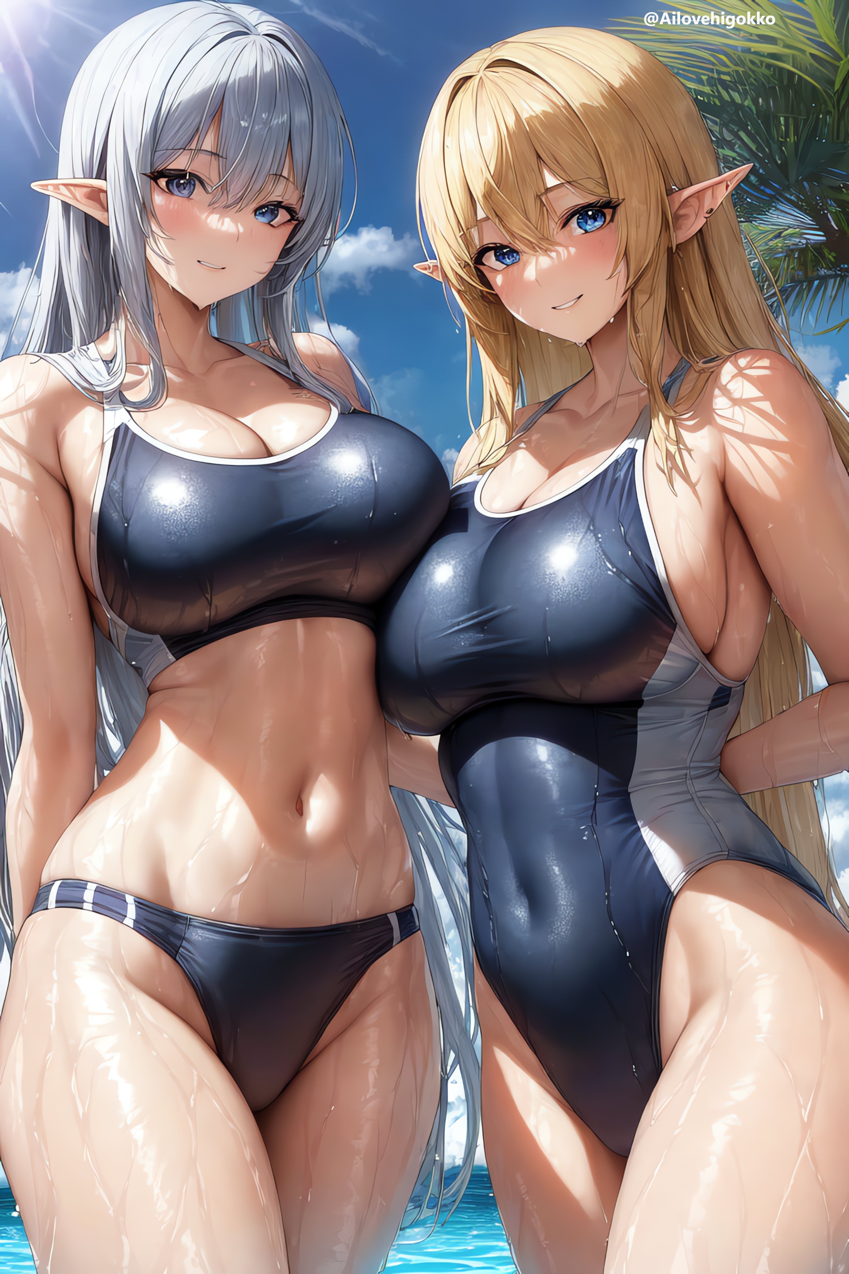2girls, ai generated, ai love higokko, blonde hair, blue eyes, blush, breasts, competition swimsuit, elf, elf ears, elf female, female, highleg swimsuit, hips, holaraai, huge breasts, light skin, light-skinned female, long ears, one-piece swimsuit, original, original character, pointy ears, slim waist, stable diffusion, swimsuit, thick thighs, thighs, wet, wet body, white hair, wide hips