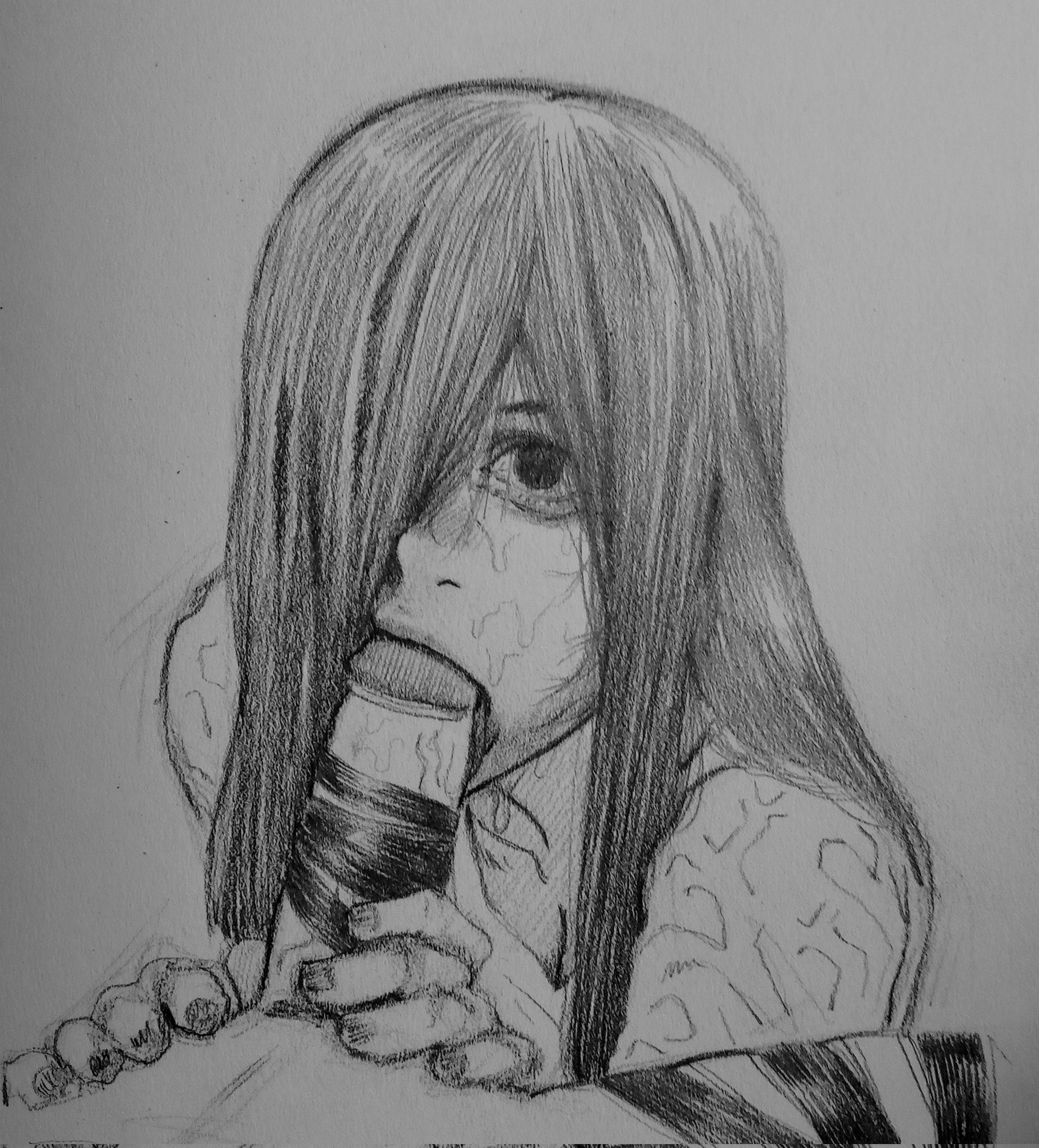 1boy, 1girls, black hair, fellatio, female, ghost, ghost girl, gritty hotdog (artist), hair covering eye, hair on penis, hairjob, hand on penis, long hair, looking at viewer, male, penis, sweat, the ring, traditional media (artwork), yamamura sadako