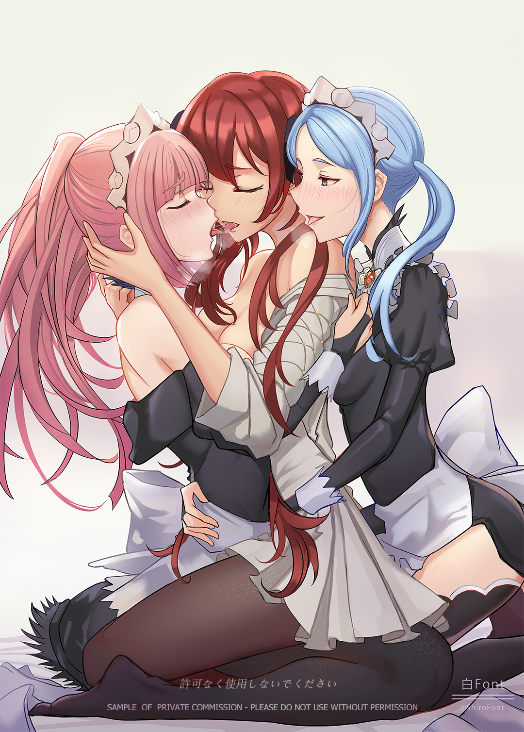 3girls, bare thighs, blue hair, breasts, breath, felicia (fire emblem), female, female only, fff threesome, fire emblem, fire emblem awakening, fire emblem fates, flora (fire emblem), french kiss, group sex, highres, hug, incest, inner thighs, kissing, maid, maid headdress, multiple females, multiple girls, nintendo, off shoulder, pantyhose, pink hair, ponytail, red hair, selena (fire emblem fates), severa (fire emblem), shimaidon (sex), shiro font, siblings, sisters, thighhighs, thighs, threesome, tongue, tongue out, undressing, yuri