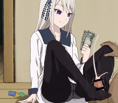 1boy 1girls blue_eyes condoms cum cum_on_foot dressed_undressed faceless_male fat_man female footjob gray_underwear human kaguya-sama_wa_kokurasetai_~tensai-tachi_no_renai_zunousen~ leg_focus legs legwear long_hair male money pantyhose penis prostitution school_uniform schoolgirl shirogane_kei underwear white_hair white_uniform