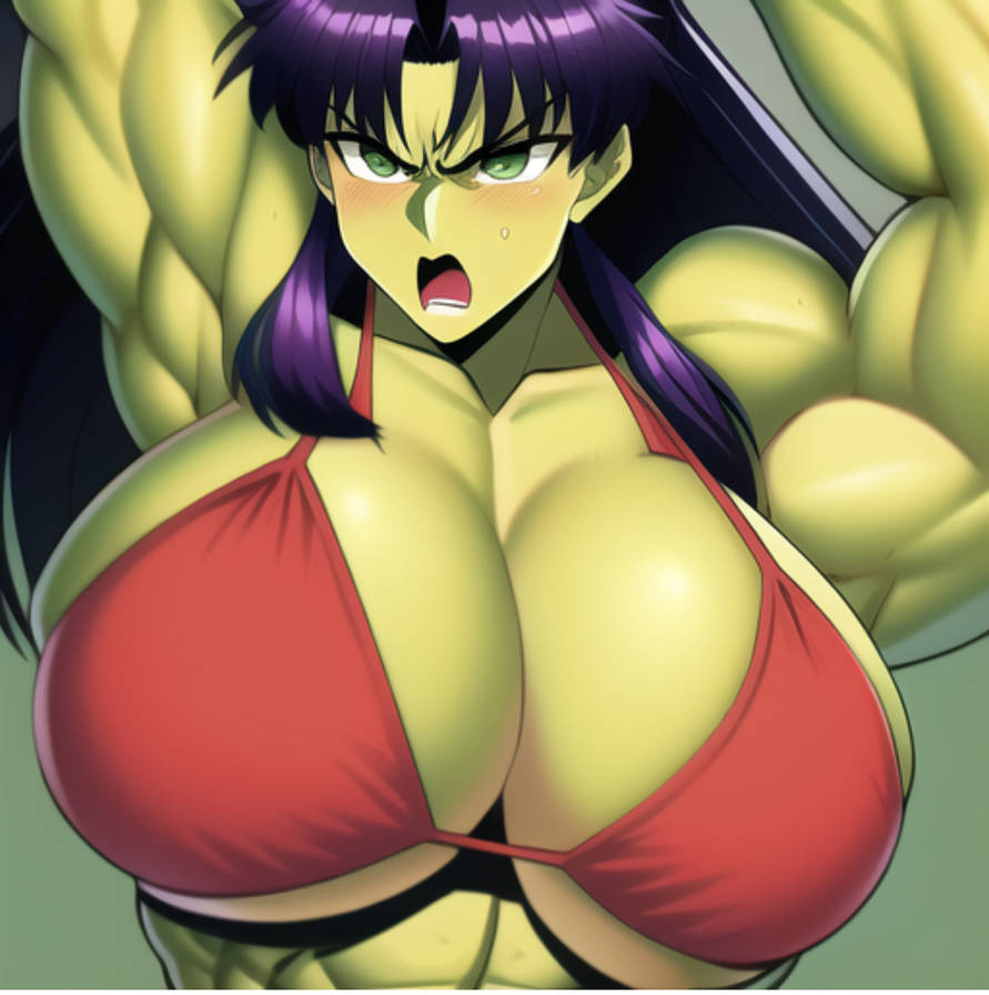 1girls ai_generated angry artist_request big_breasts bikini bra giant_breasts green_eyes green_skin huge_breasts hulked_out misato_katsuragi muscles muscular muscular_female neon_genesis_evangelion purple_hair red_bra solo solo_female swimsuit