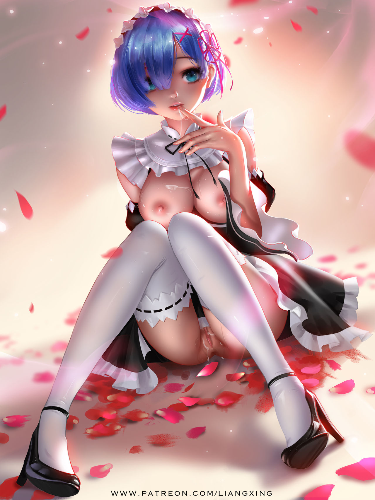 1girls, big breasts, breasts, cum, female, heels, high heels, legwear, liang xing, lingerie, looking at viewer, looking back, maid, maid headdress, nipples, nude, pink hair, re:zero kara hajimeru isekai seikatsu, rem (re:zero), solo, uncensored