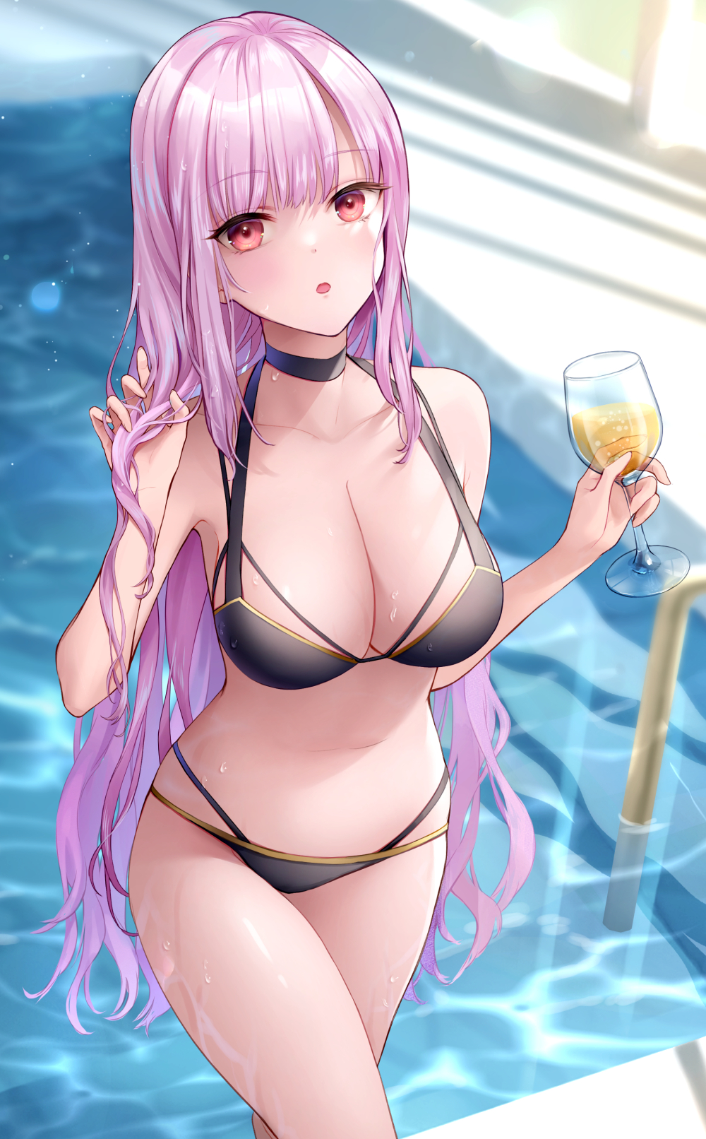:o, armpits, bare arms, bare shoulders, bikini, black bikini, black choker, blurry, blurry background, breasts, chocofox, choker, cleavage, collarbone, cup, drinking glass, female, highres, holding, holding hair, hololive, hololive english, hololive myth, large breasts, long hair, looking at viewer, mori calliope, multi-strapped bikini, navel, open mouth, pink hair, pool, red eyes, solo, stomach, string bikini, swimsuit, thighs, very long hair, virtual youtuber, wet, wine glass