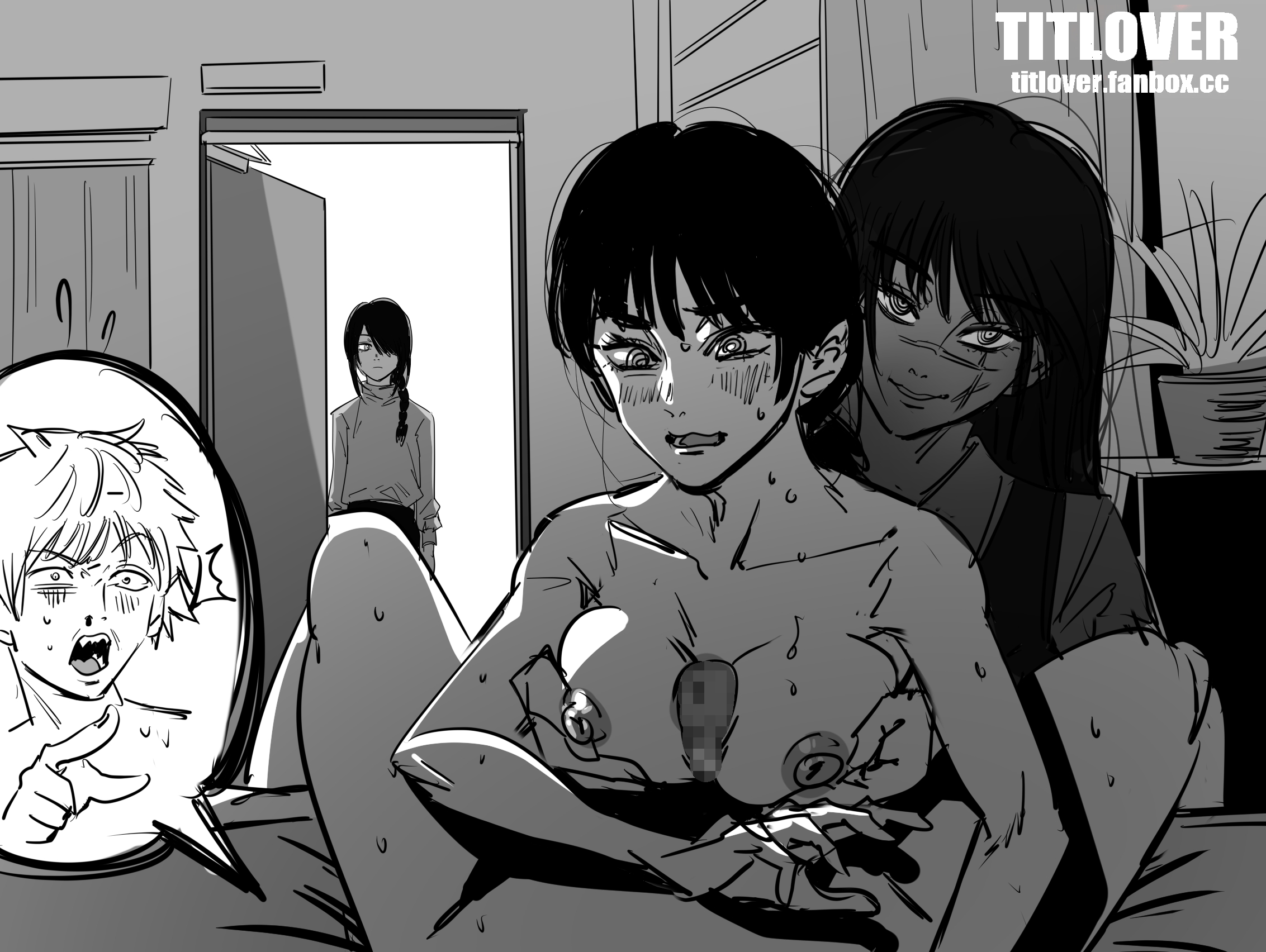 1boy, 3girls, assisted paizuri, being watched, blush, braided hair, breasts, censored, chainsaw man, denji (chainsaw man), eye contact, female, greyscale, light skin, light-skinned female, long hair, looking at viewer, male, mitaka asa, monochrome, mosaic censoring, nayuta (chainsaw man), nipples, paizuri, penis, scar, scar on face, sketch, sweat, titlover, yoru (chainsaw man)