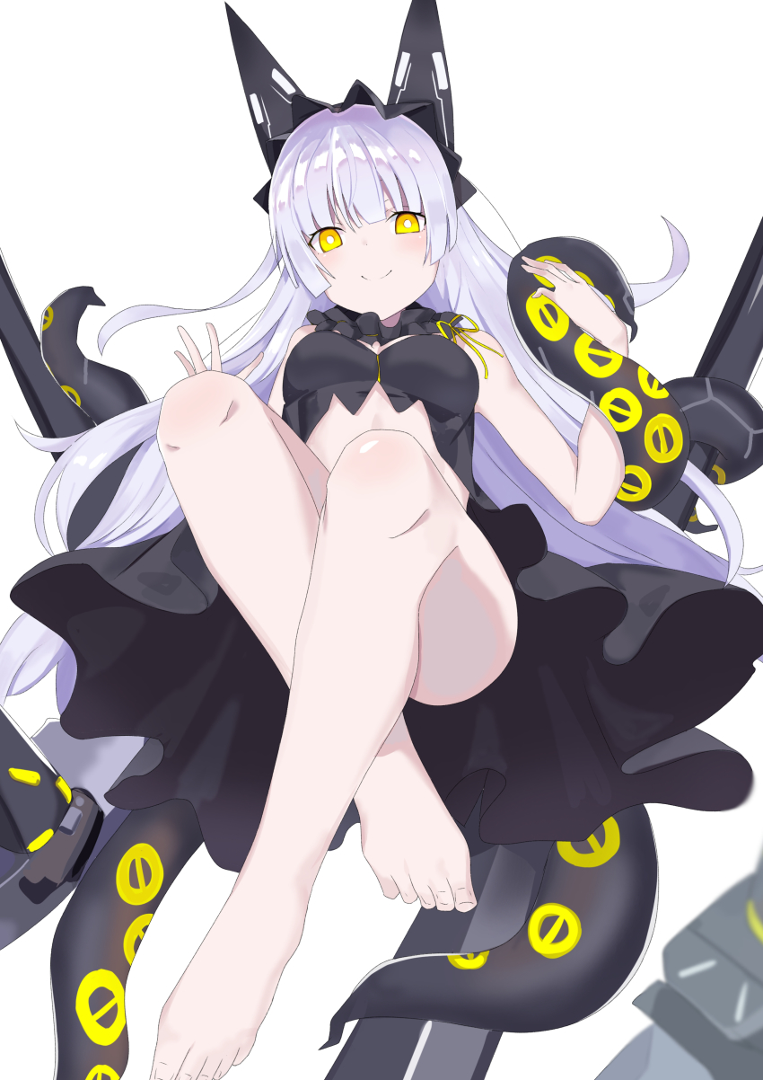 1girls accessory azur_lane black_dress feet hair_ornament hand_on_tentacle long_hair looking_at_viewer looking_down no_bra no_panties no_sex observer_alpha_(azur_lane) older_female pale_skin siren siren_(azur_lane) smile smiling smiling_at_viewer tentacle white_hair yellow_eyes