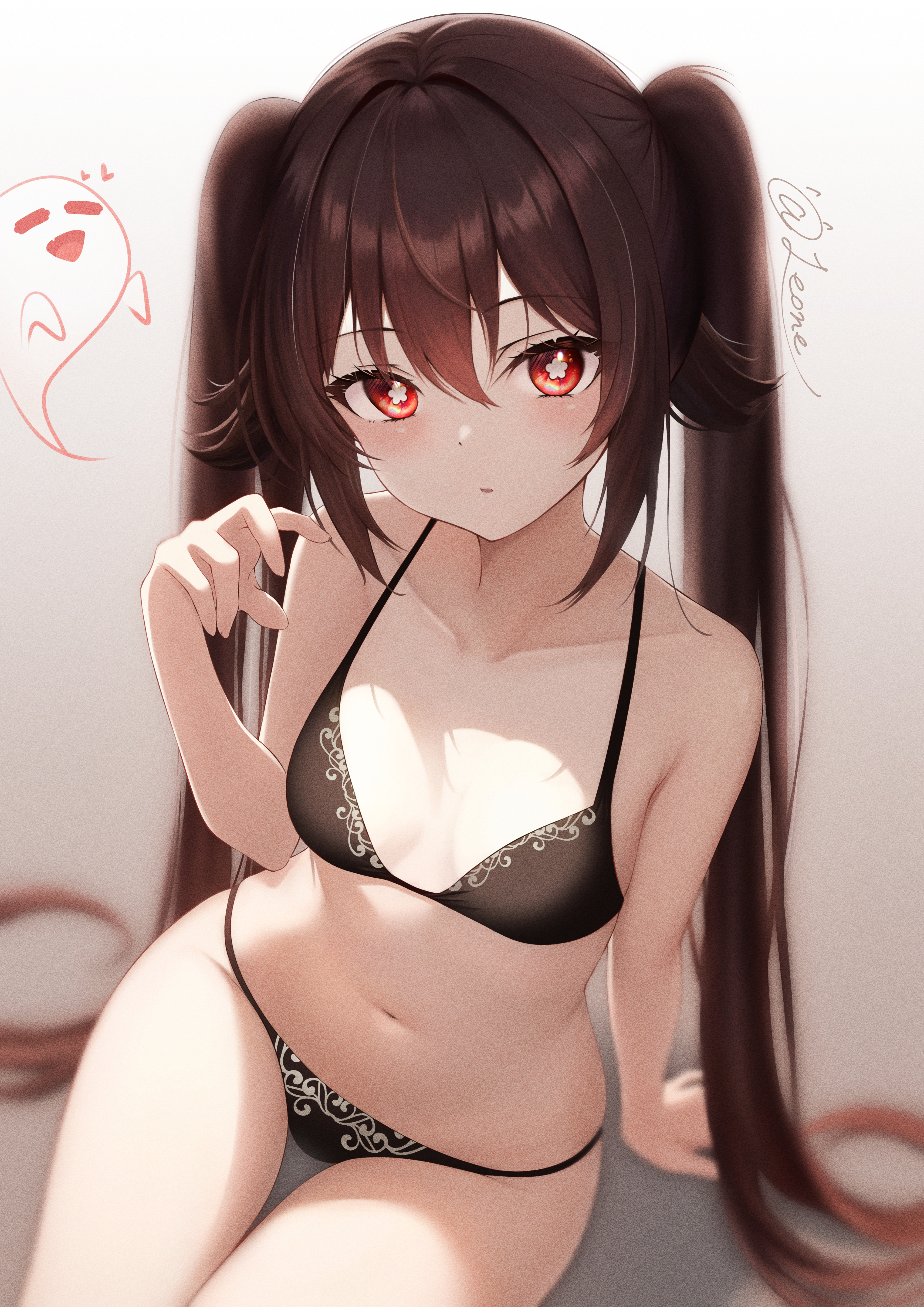 1girls, bare shoulders, belly, belly button, black bra, black panties, blush, bra, breasts, brown hair, female, female only, genshin impact, ghost, hi res, hu tao (genshin impact), light skin, light-skinned female, looking at viewer, looking back, petite, pov, red eyes, small breasts, solo, thick thighs, twintails