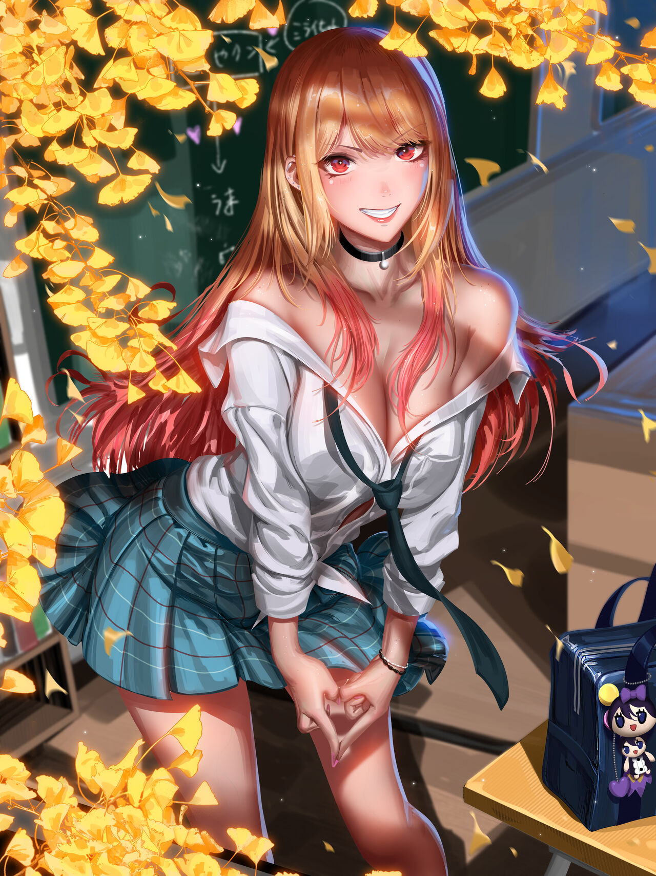 1girls, big breasts, blonde hair, bracelet, breasts, choker, cleavage, clothed, ear piercing, earrings, female, female only, gyaru, kitagawa marin, kogal, liang xing, school uniform, solo, sono bisque doll wa koi wo suru