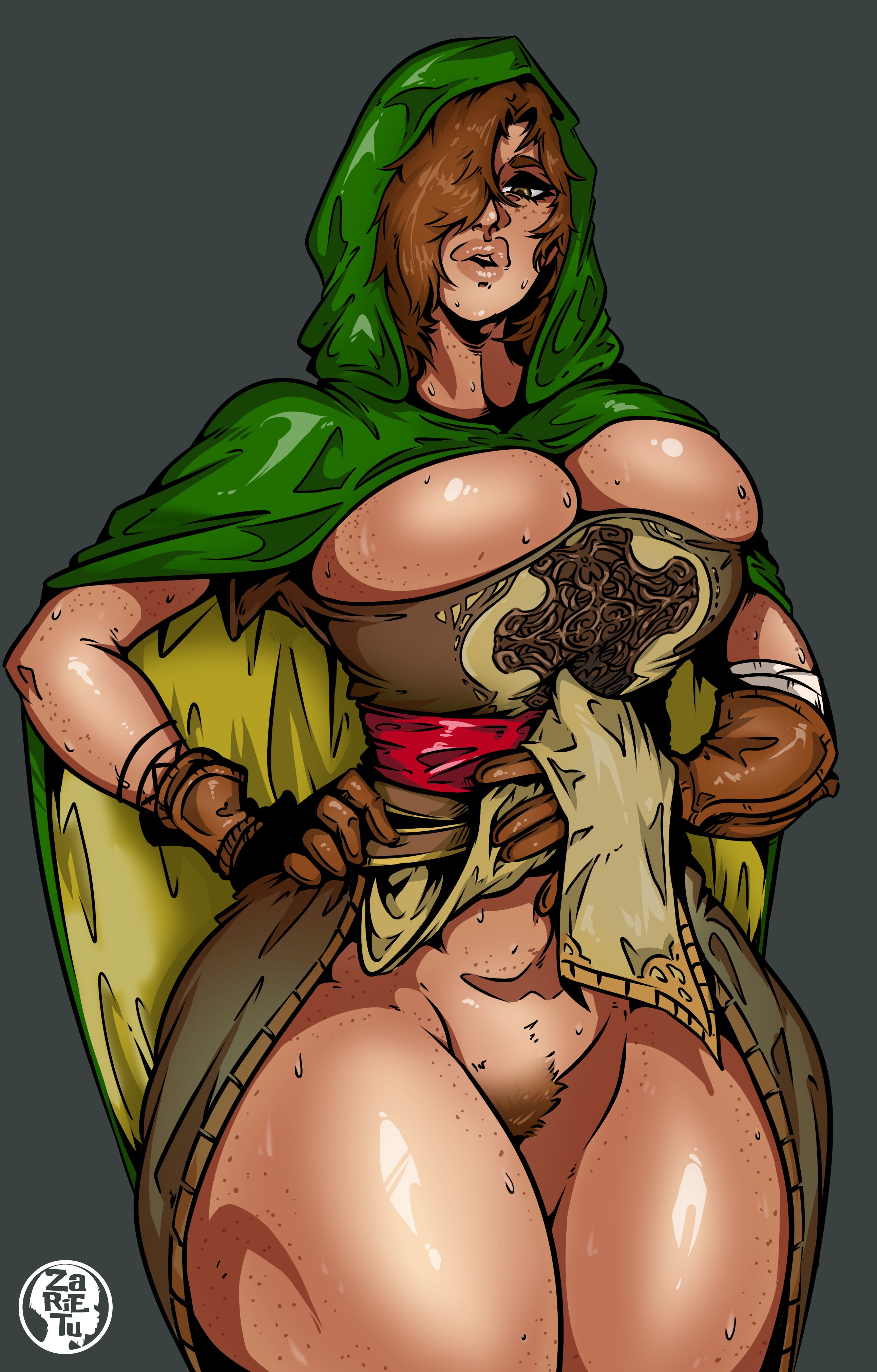big breasts, big lips, breasts, brown eyes, brown hair, bursting breasts, busty, cape, cleavage, corset, dark souls, dark souls 2, emerald herald, female, female focus, female only, flashing, flashing pussy, freckles, fromsoftware, going commando, hood, hooded cloak, hourglass figure, large breasts, loincloth, loincloth lift, overflowing breasts, pubes, pubic hair, puffy lips, pussy, sweat, tagme, vagina, wide hips, zarietu