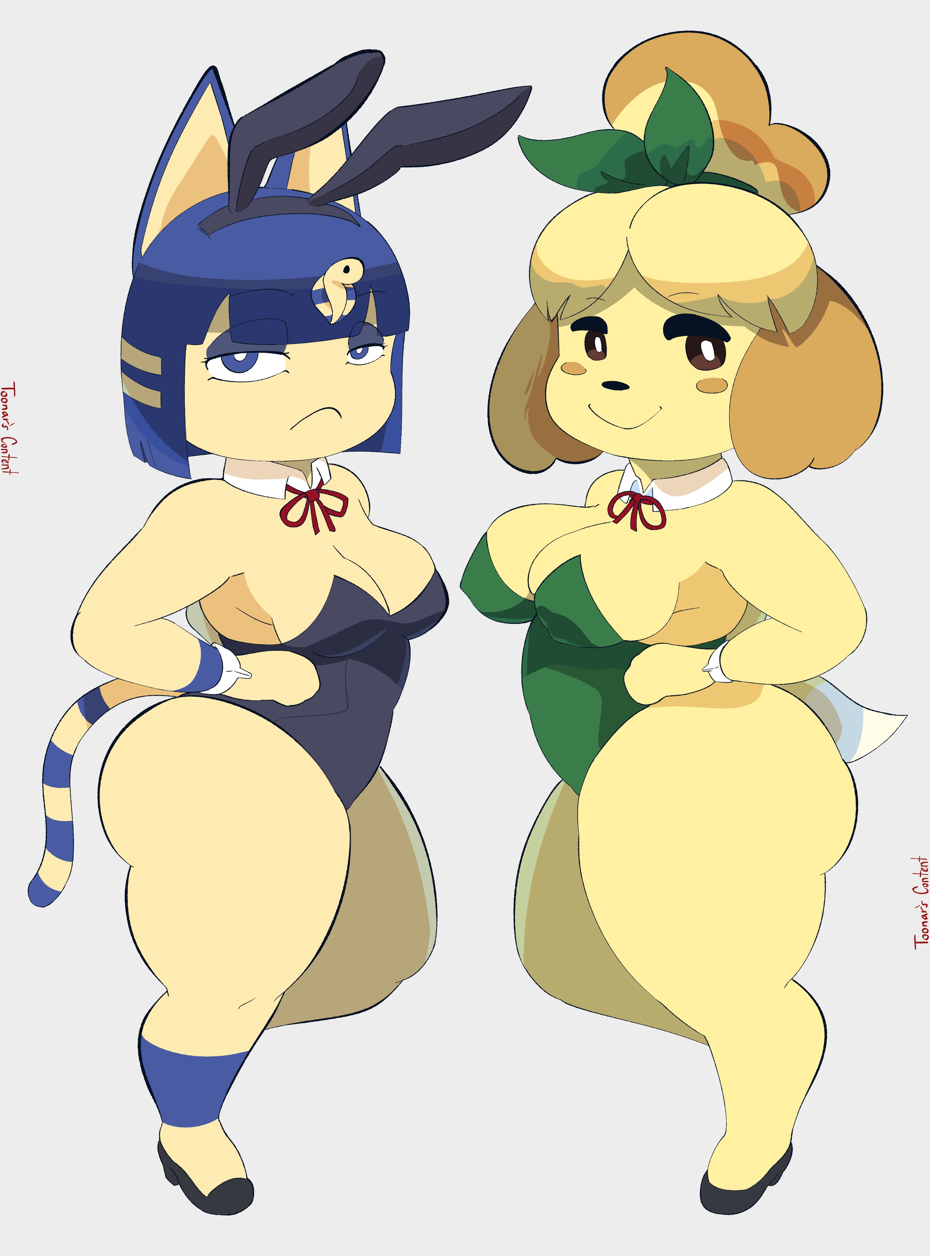 2girls, animal crossing, ankha, anthro, big breasts, breasts, canid, canine, canis, cat ears, cat girl, catgirl, cleavage, curvaceous, curvy, dog ears, dog girl, duo, felid, feline, felis, female, female only, fur, furry, furry only, half-closed eyes, hi res, isabelle (animal crossing), medium breasts, nintendo, shortstack, tail, thick thighs, thighs, toonarscontent, voluptuous