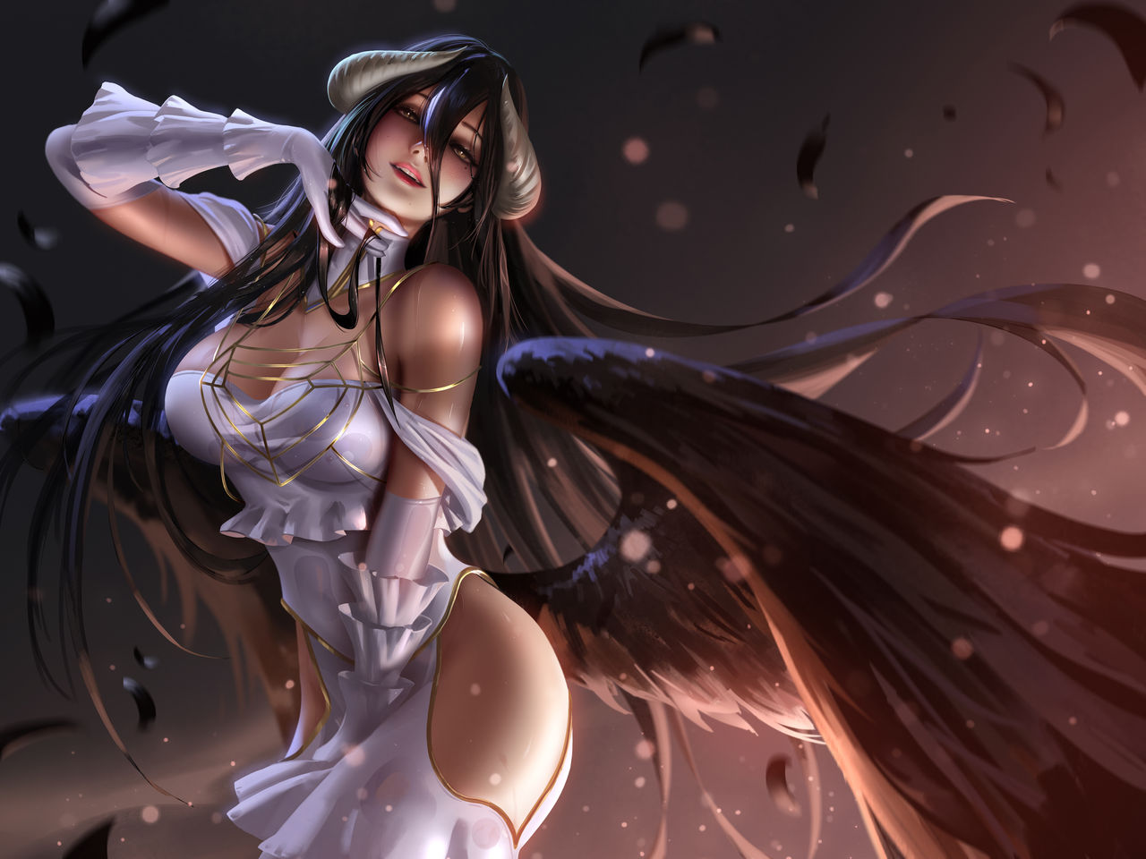 1girls, albedo (overlord), big breasts, breasts, demon, female, liang xing, lingerie, looking at viewer, looking back, overlord (maruyama), pink hair, solo, succubus